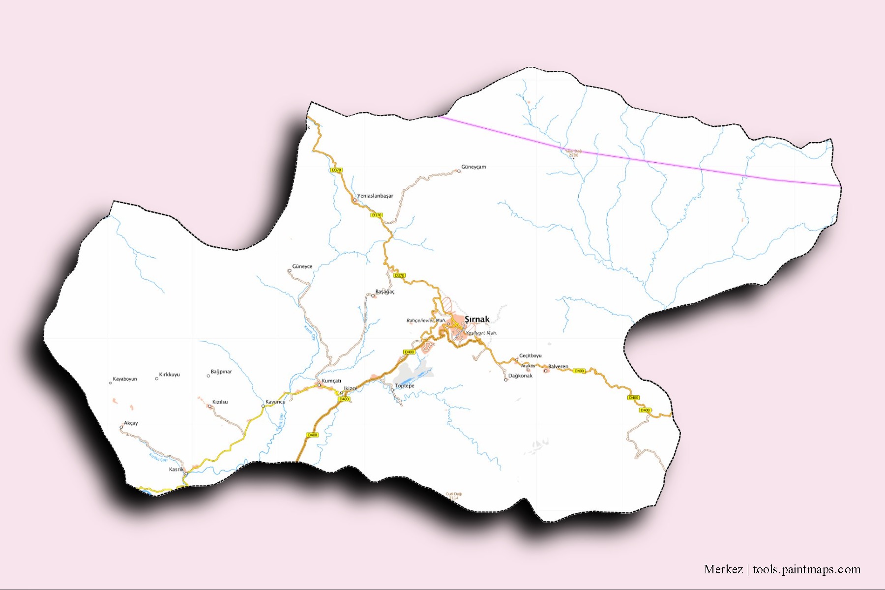 Merkez neighborhoods and villages map with 3D shadow effect