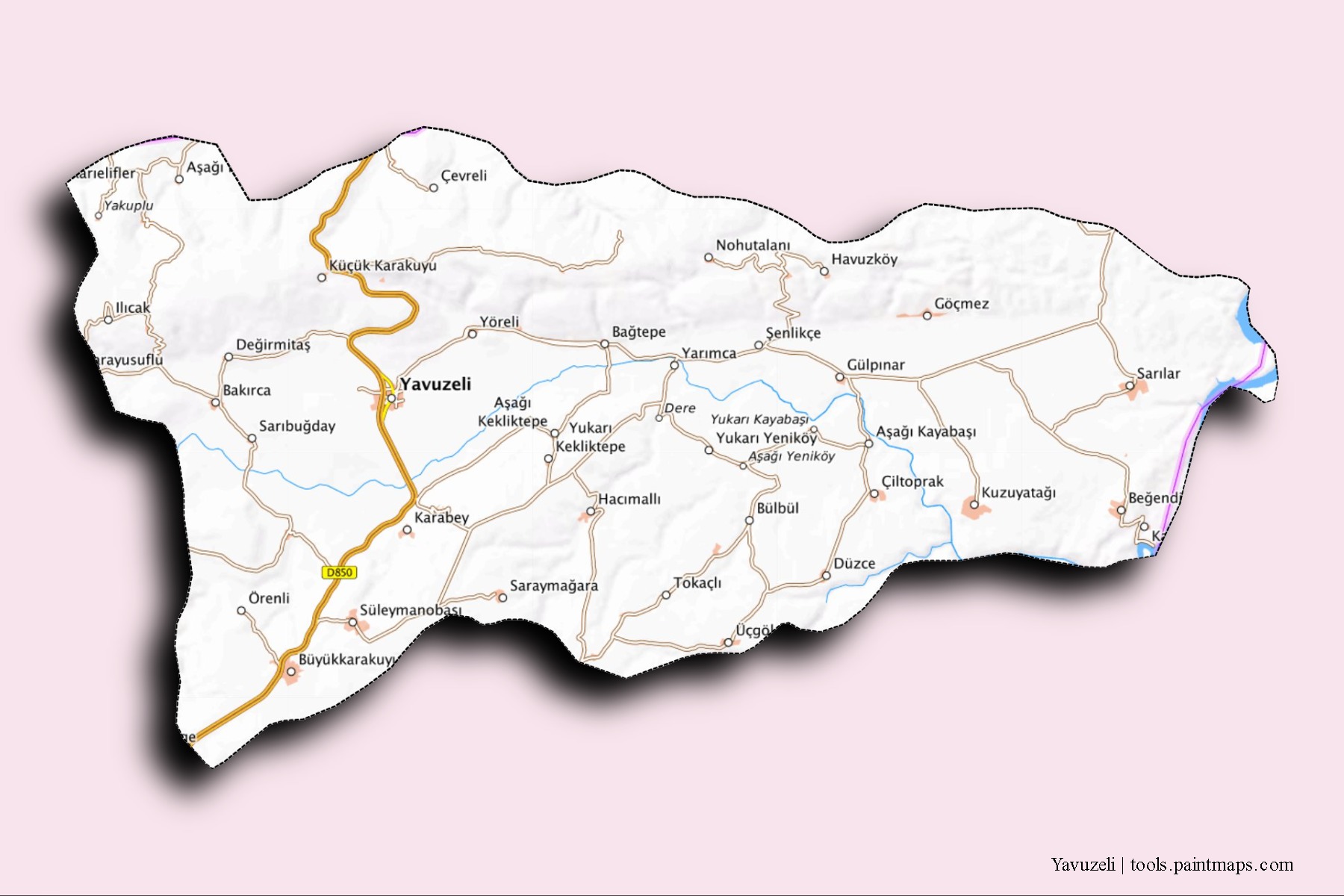 Mapa de barrios y pueblos de Yavuzeli con efecto de sombra 3D