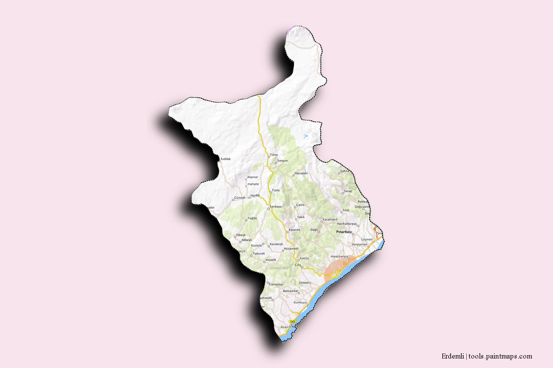 Erdemli neighborhoods and villages map with 3D shadow effect