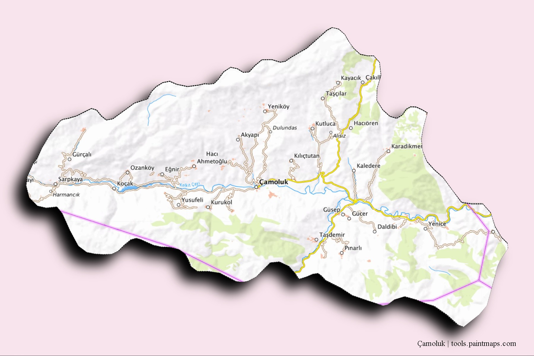 Çamoluk neighborhoods and villages map with 3D shadow effect