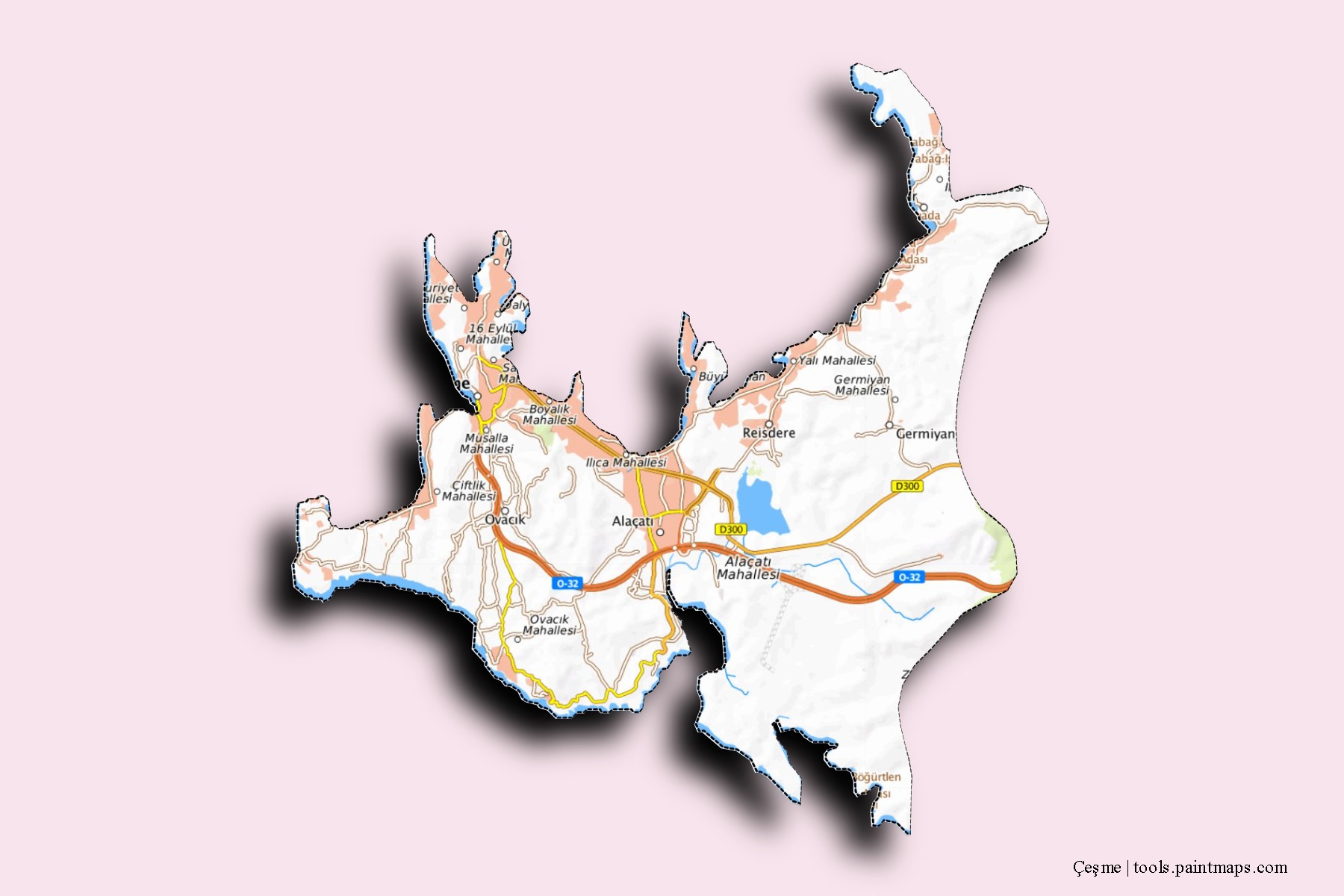 Mapa de barrios y pueblos de Çeşme con efecto de sombra 3D