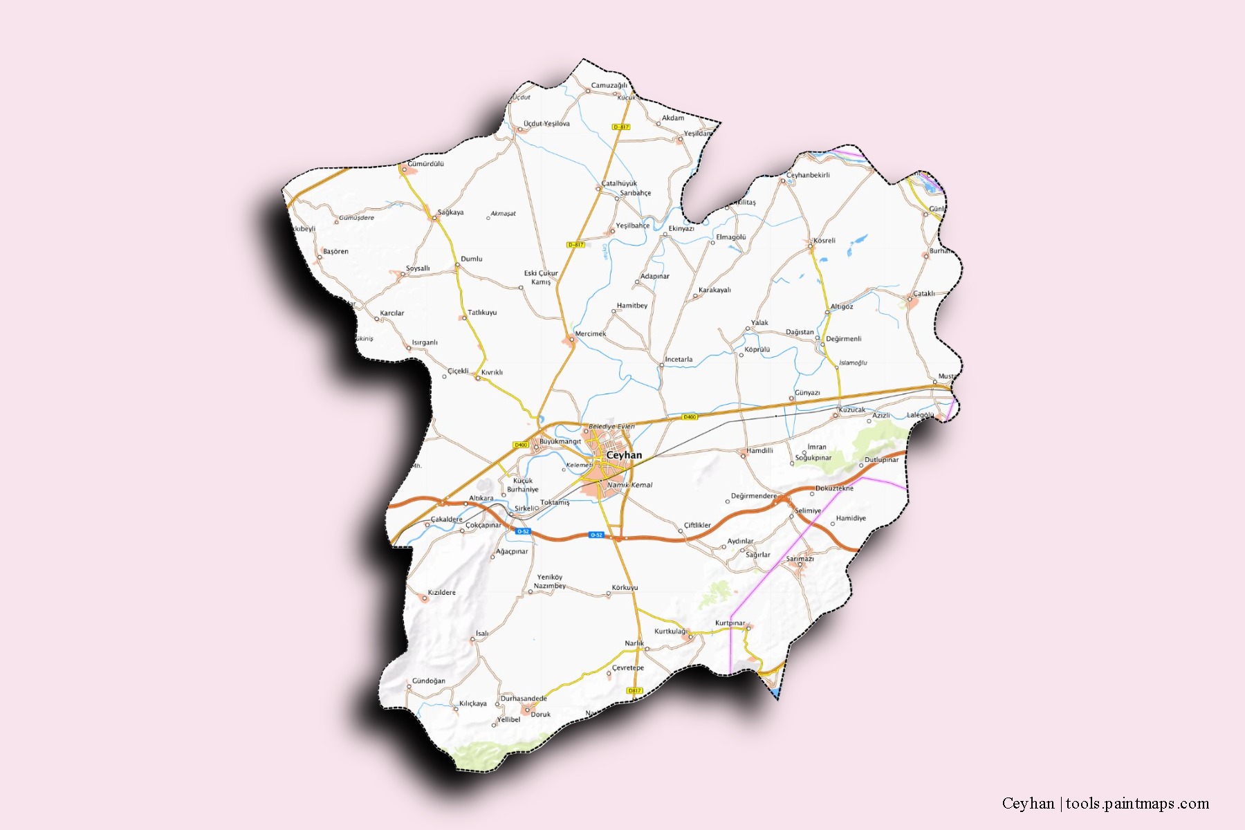 Mapa de barrios y pueblos de Ceyhan con efecto de sombra 3D