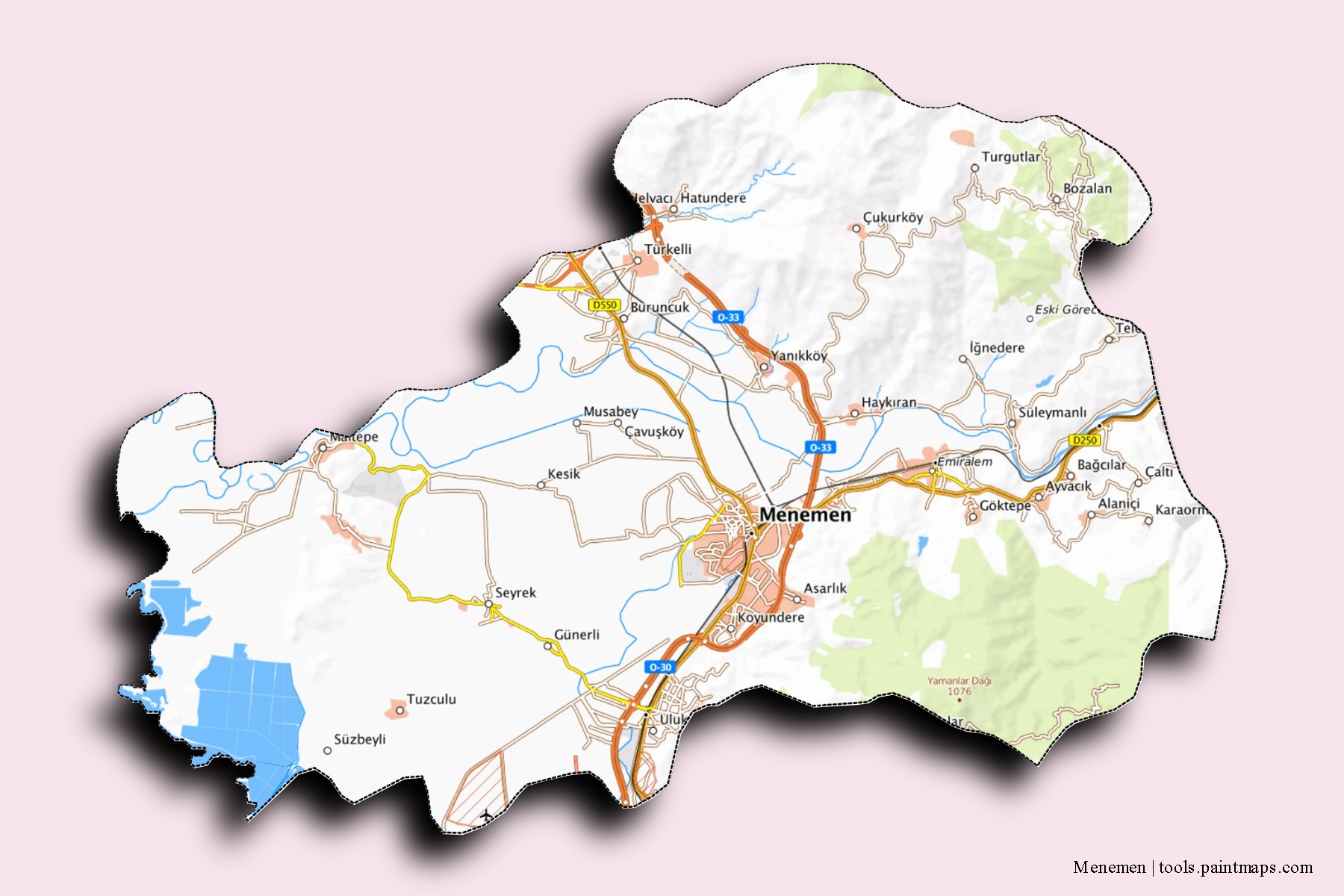 3D gölge efektli Menemen mahalleleri ve köyleri haritası