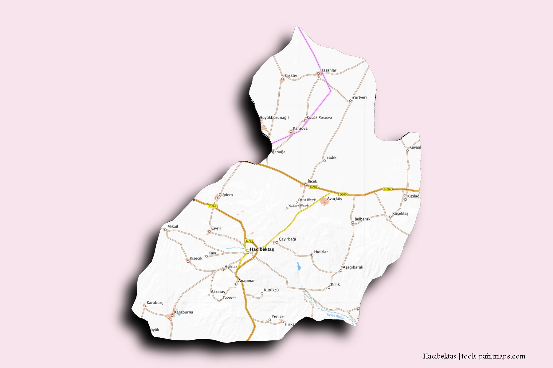 Mapa de barrios y pueblos de Hacıbektaş con efecto de sombra 3D
