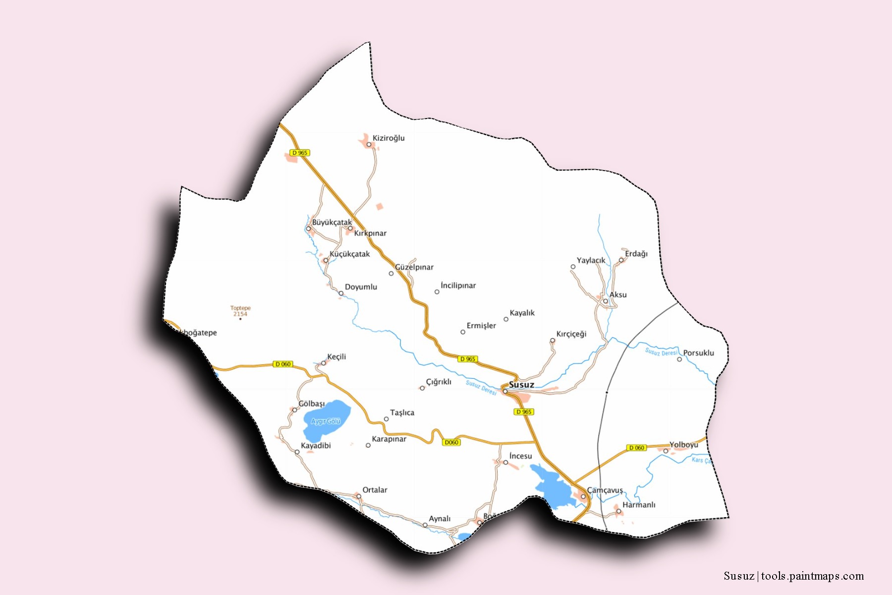 Mapa de barrios y pueblos de Susuz con efecto de sombra 3D