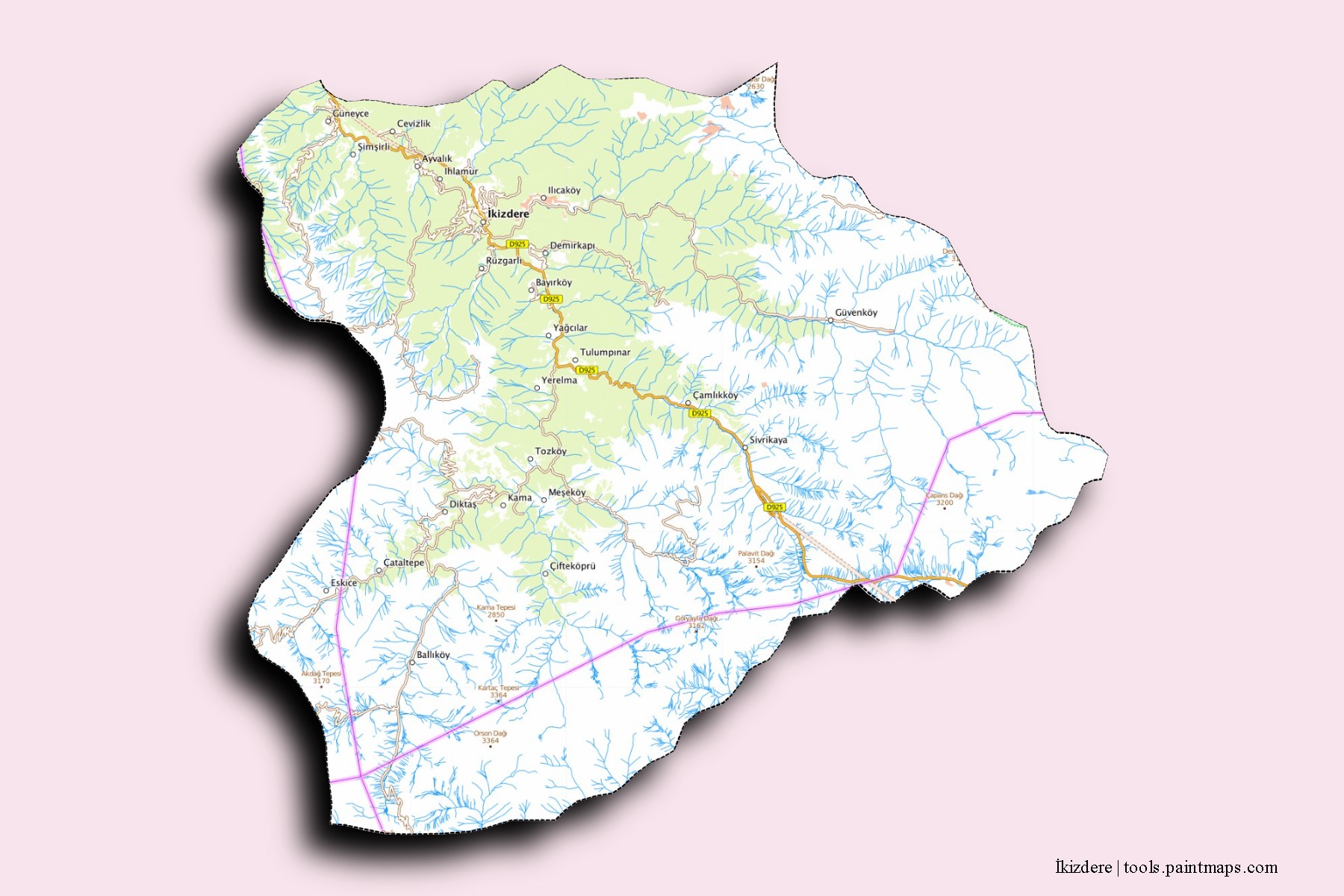 Mapa de barrios y pueblos de İkizdere con efecto de sombra 3D