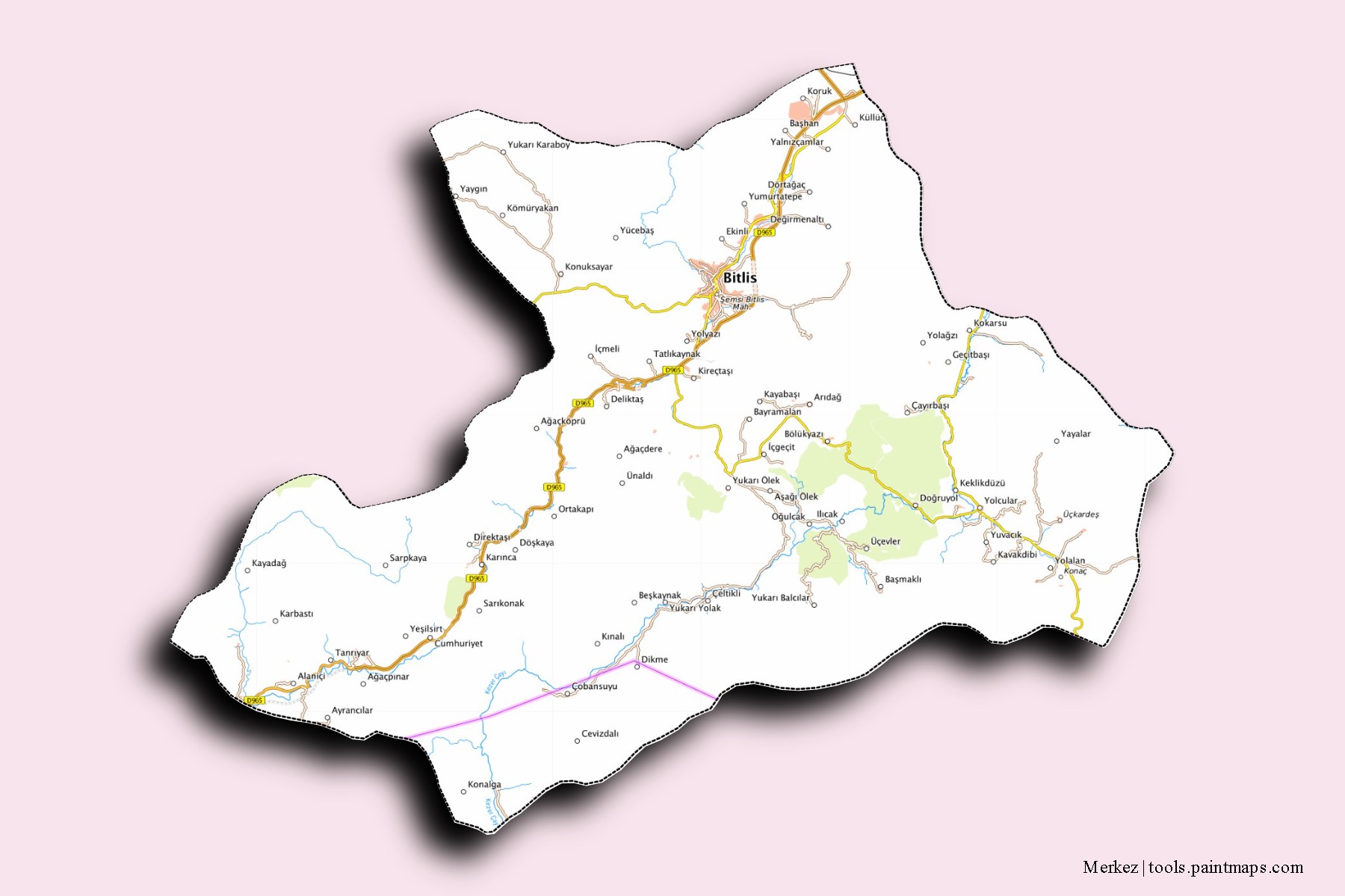 Mapa de barrios y pueblos de Merkez con efecto de sombra 3D