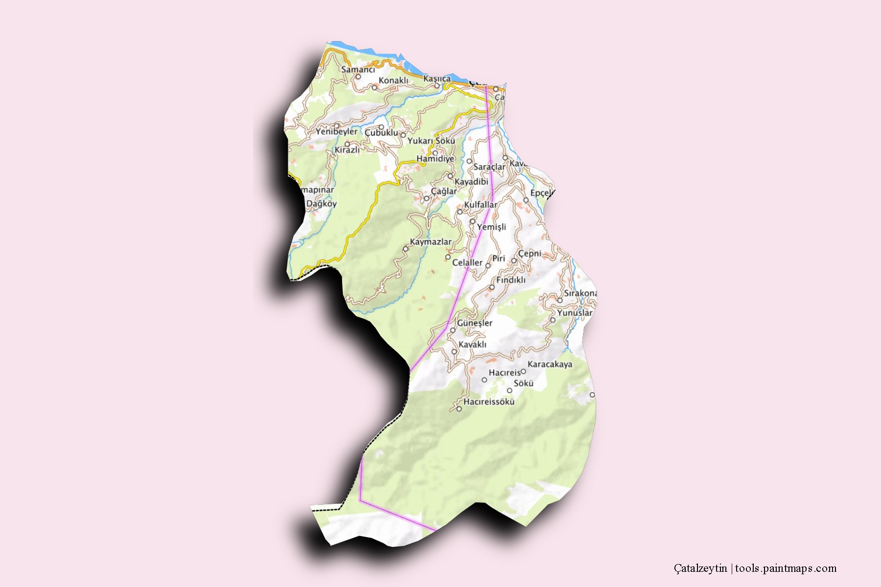 Mapa de barrios y pueblos de Çatalzeytin con efecto de sombra 3D