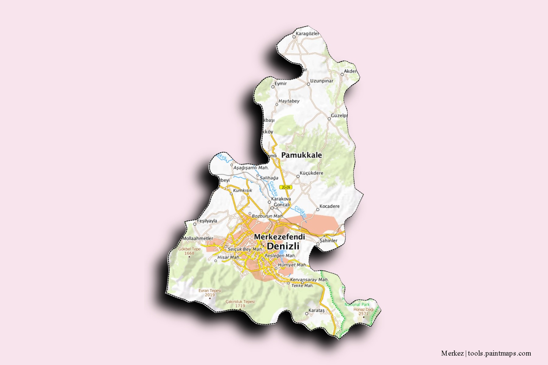 Merkez neighborhoods and villages map with 3D shadow effect