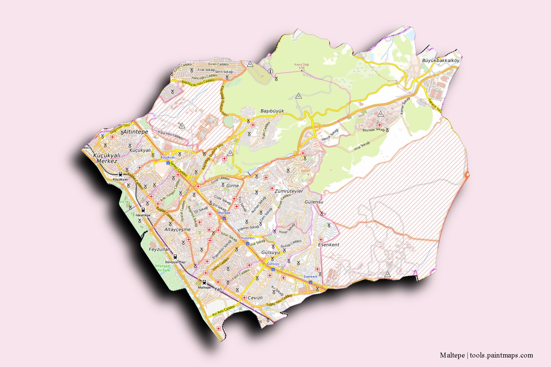3D gölge efektli Maltepe mahalleleri ve köyleri haritası
