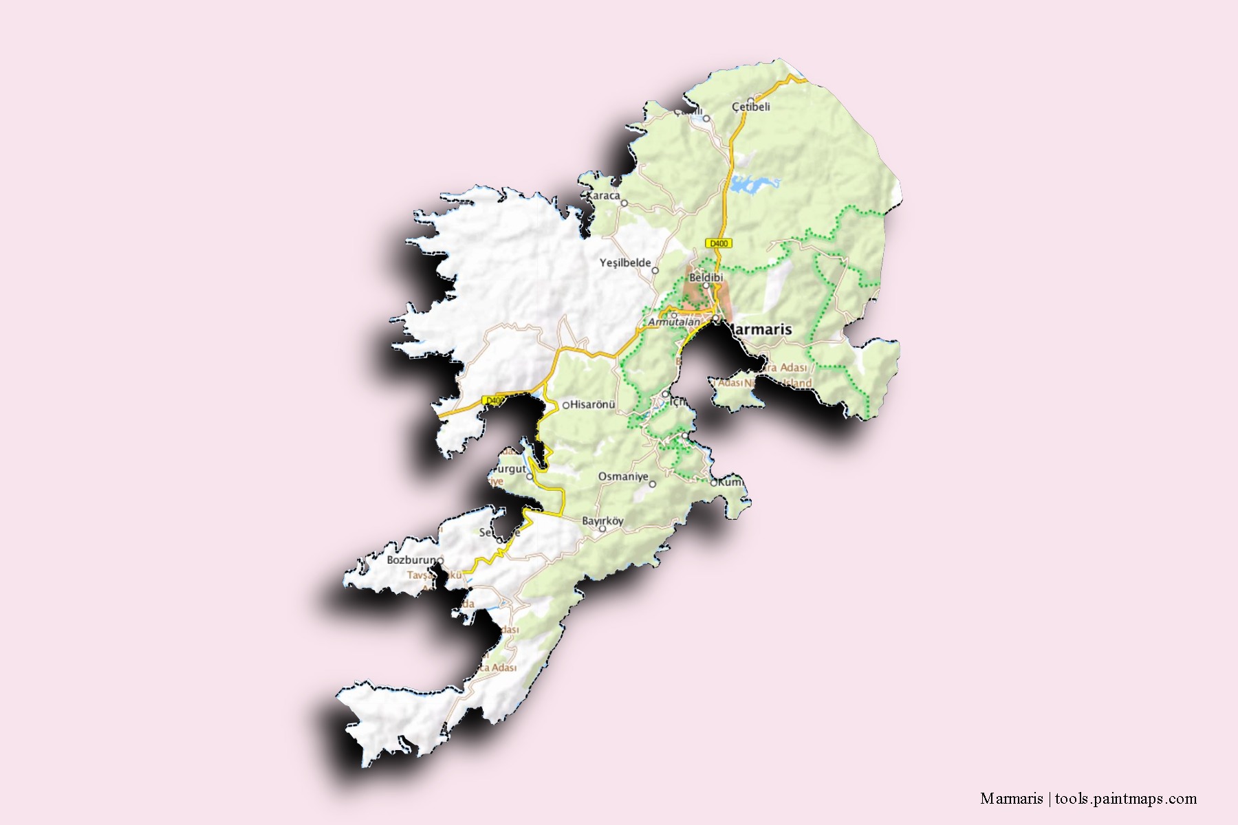 Mapa de barrios y pueblos de Marmaris con efecto de sombra 3D