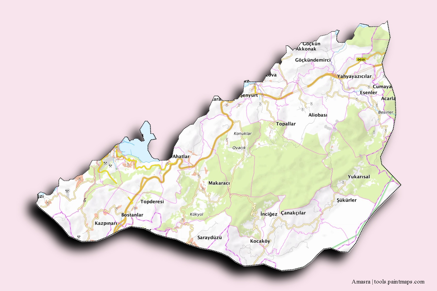 Amasra neighborhoods and villages map with 3D shadow effect