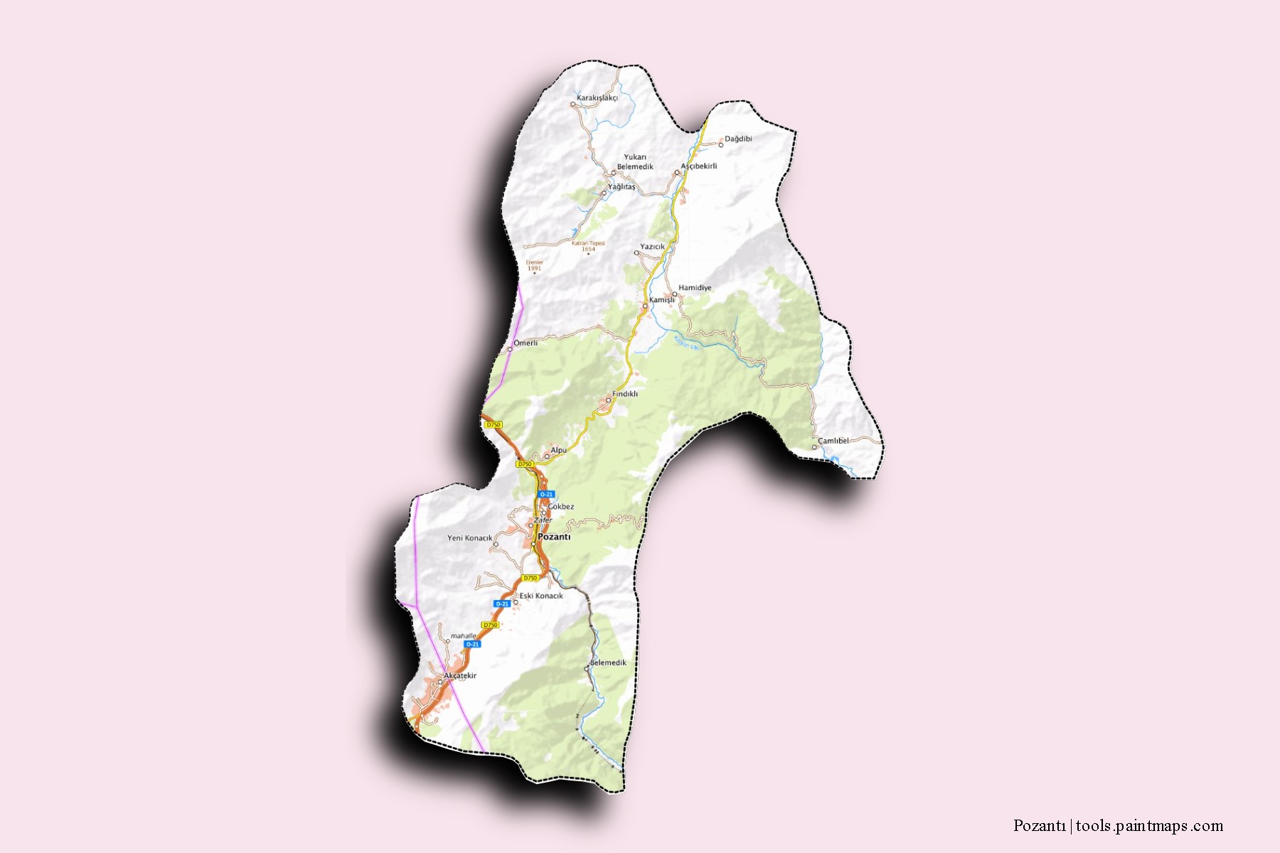 3D gölge efektli Pozantı mahalleleri ve köyleri haritası
