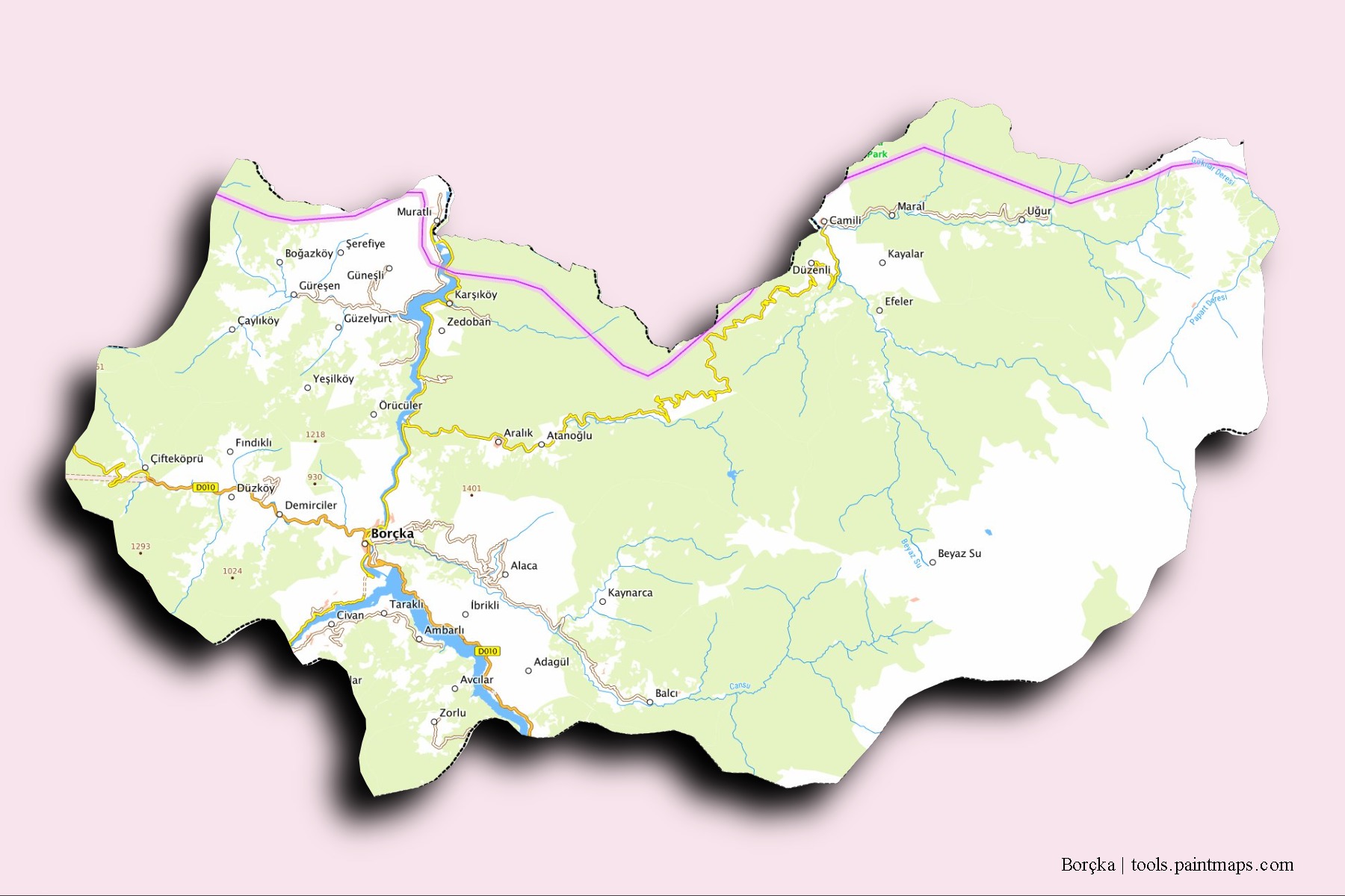 Borçka neighborhoods and villages map with 3D shadow effect