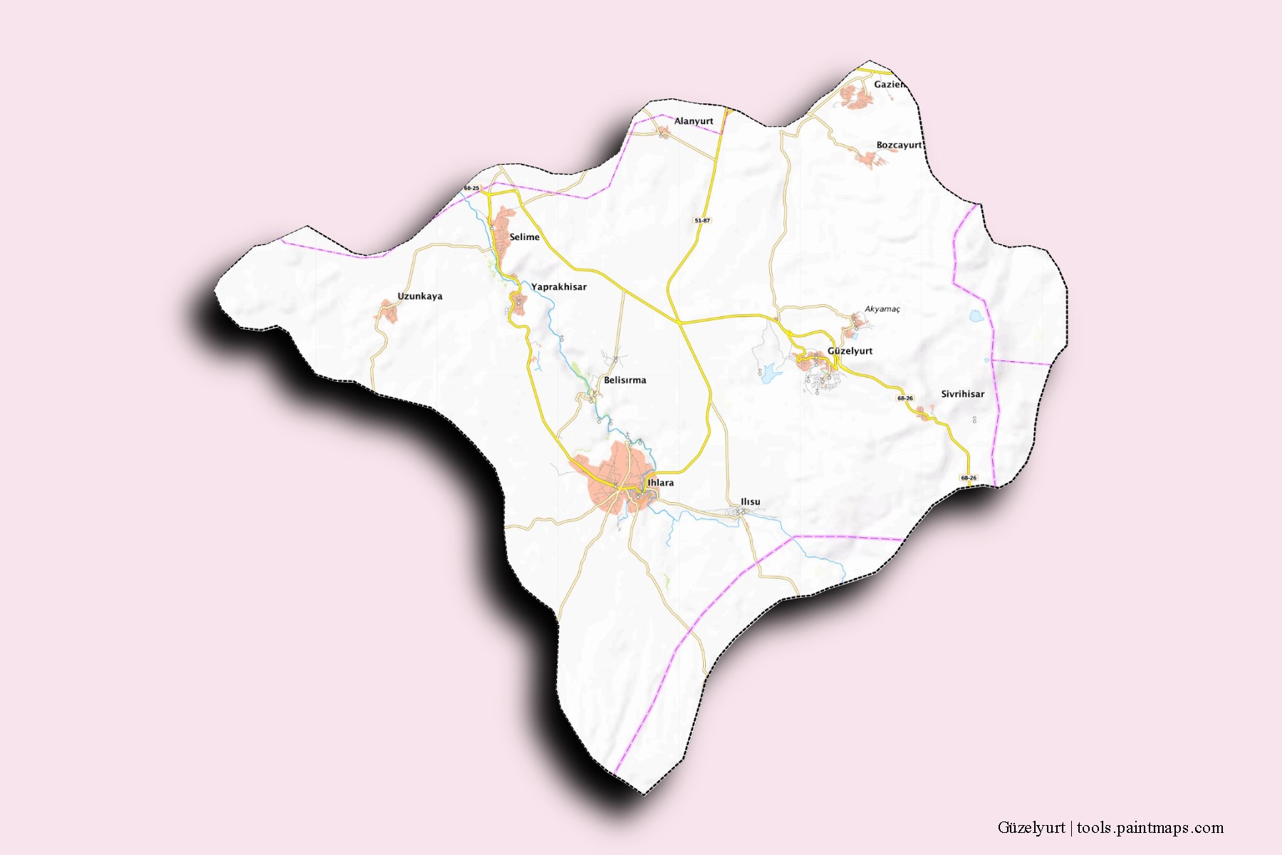 Güzelyurt neighborhoods and villages map with 3D shadow effect