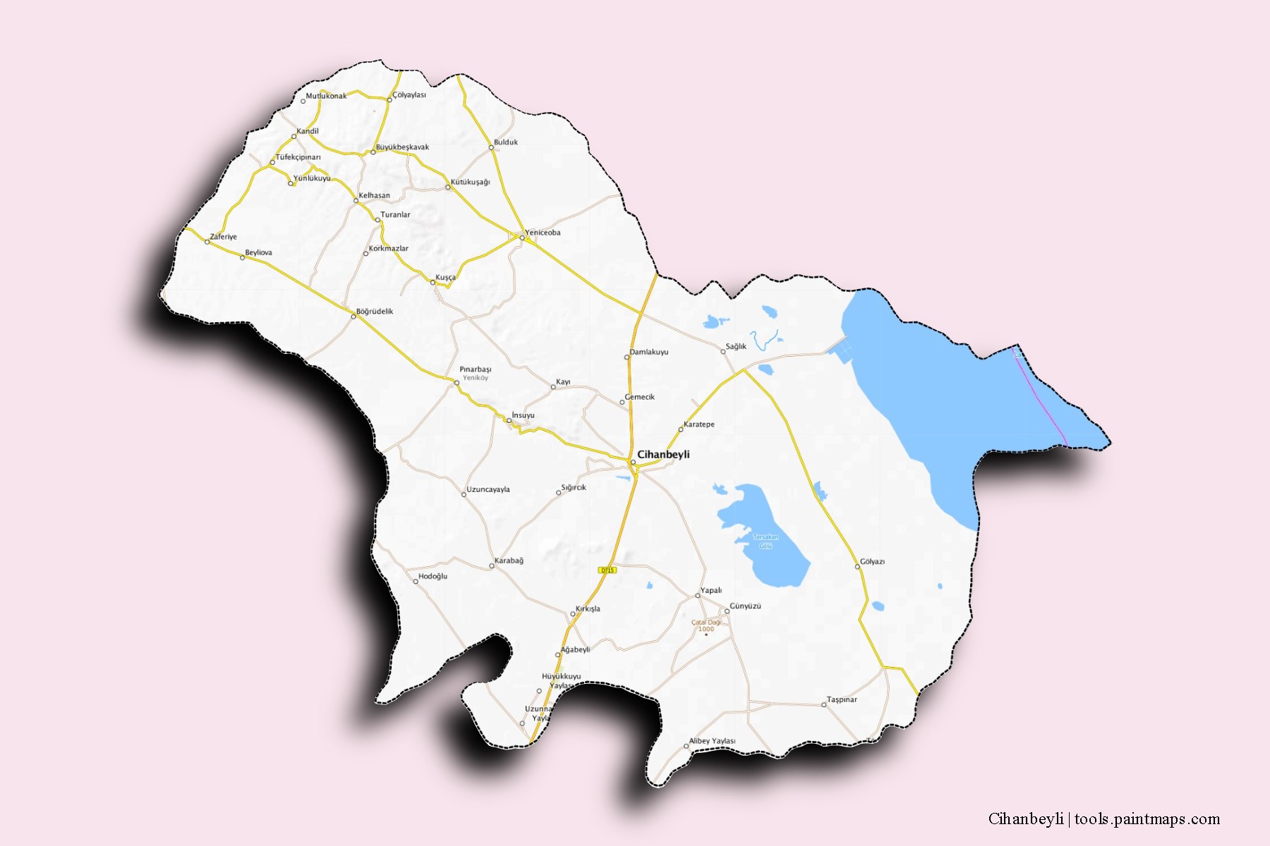 Mapa de barrios y pueblos de Cihanbeyli con efecto de sombra 3D