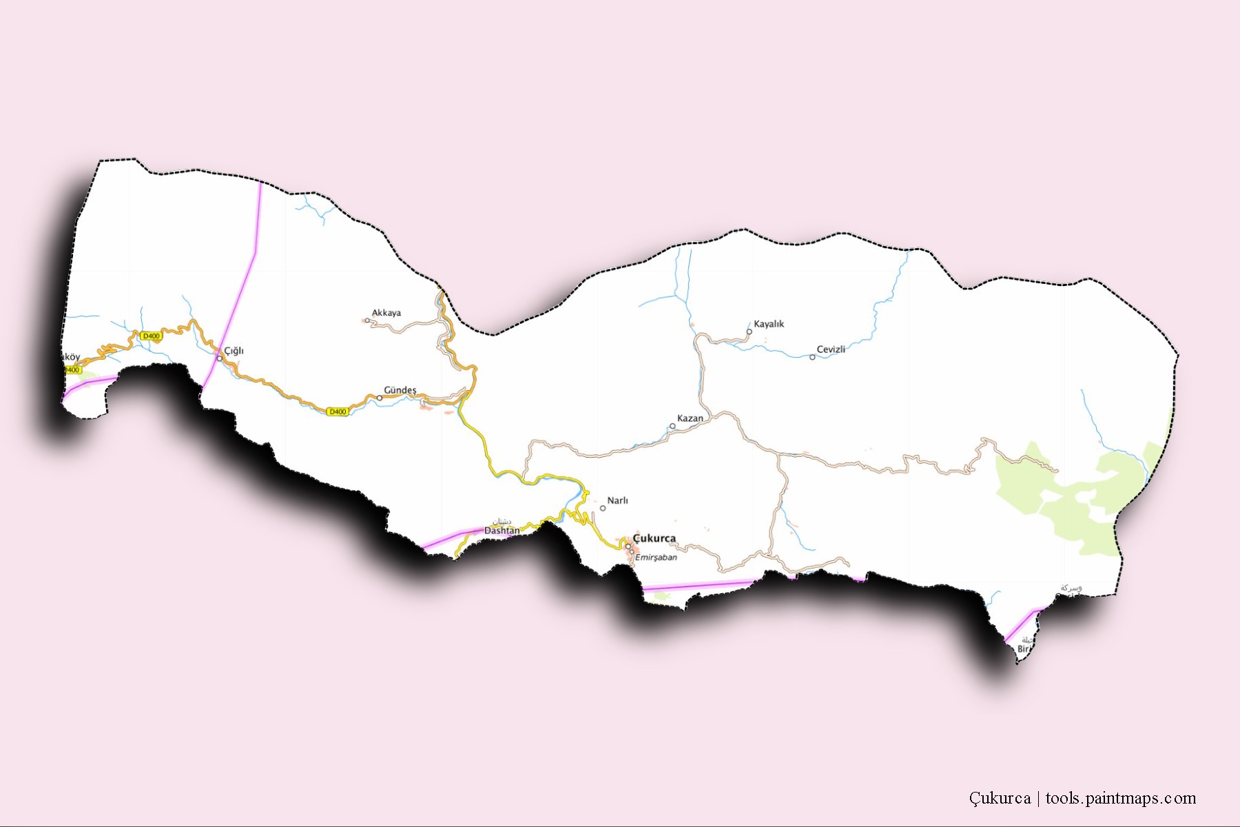 Çukurca neighborhoods and villages map with 3D shadow effect