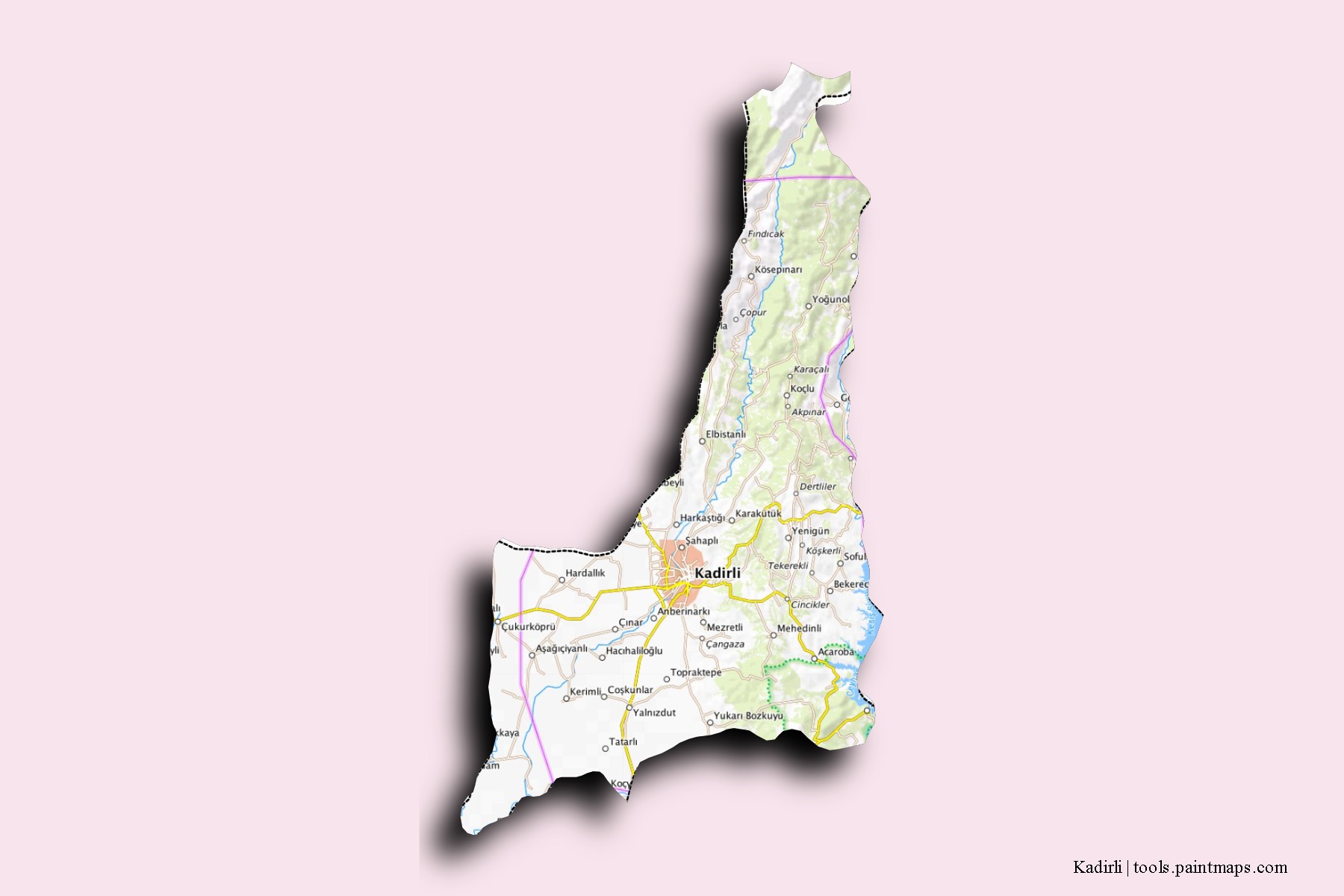 Mapa de barrios y pueblos de Kadirli con efecto de sombra 3D