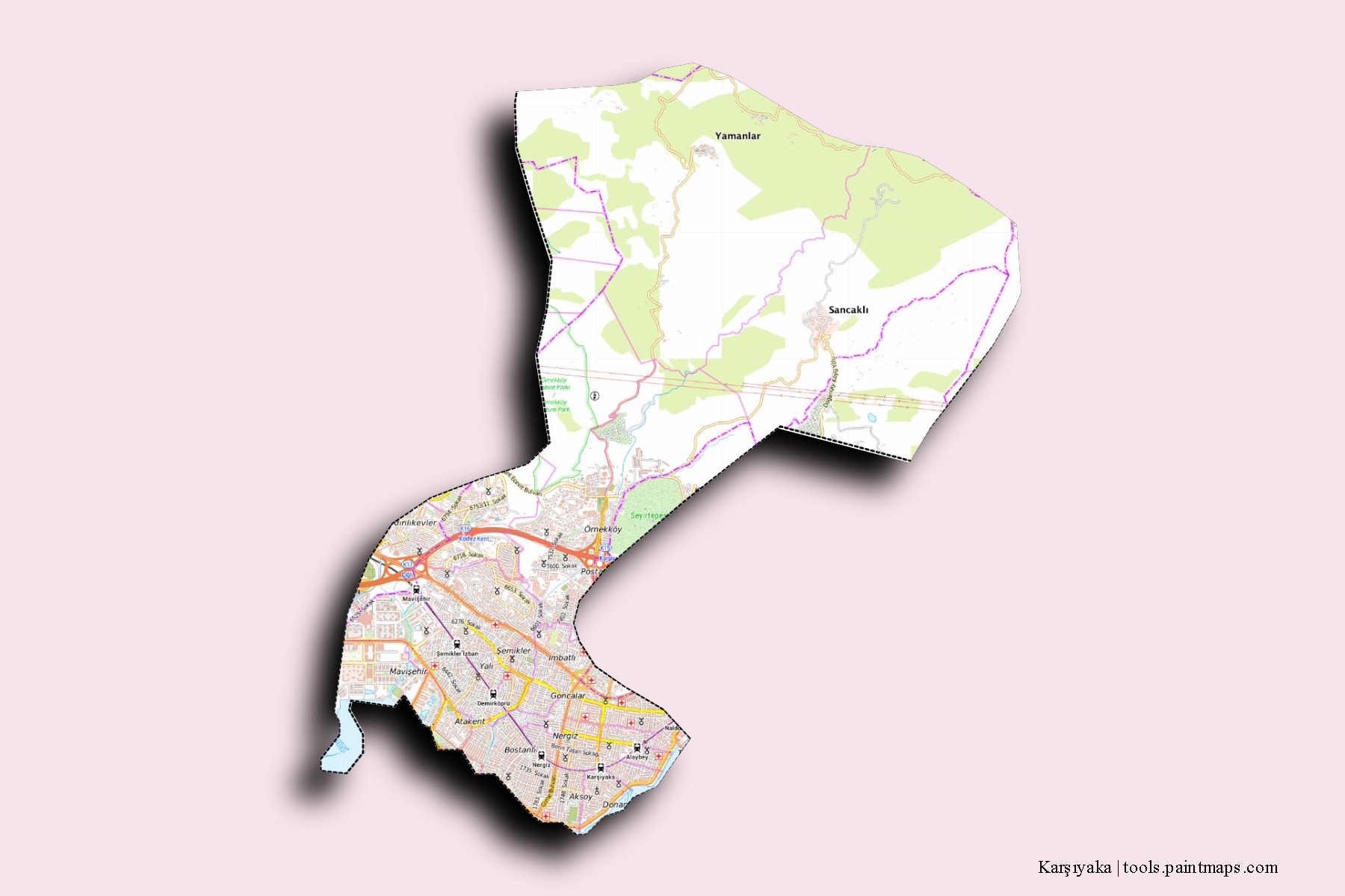 Karsiyaka neighborhoods and villages map with 3D shadow effect