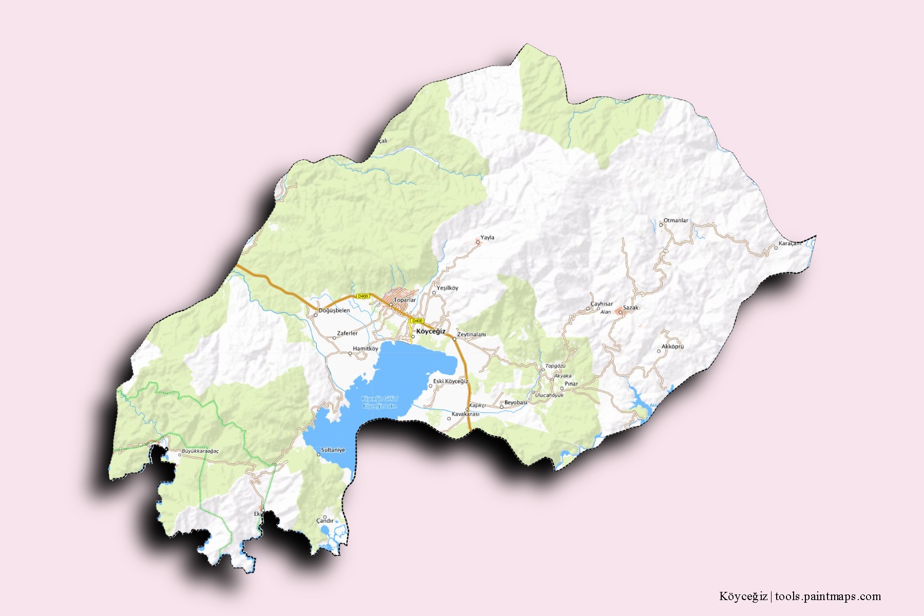 Köycegiz neighborhoods and villages map with 3D shadow effect