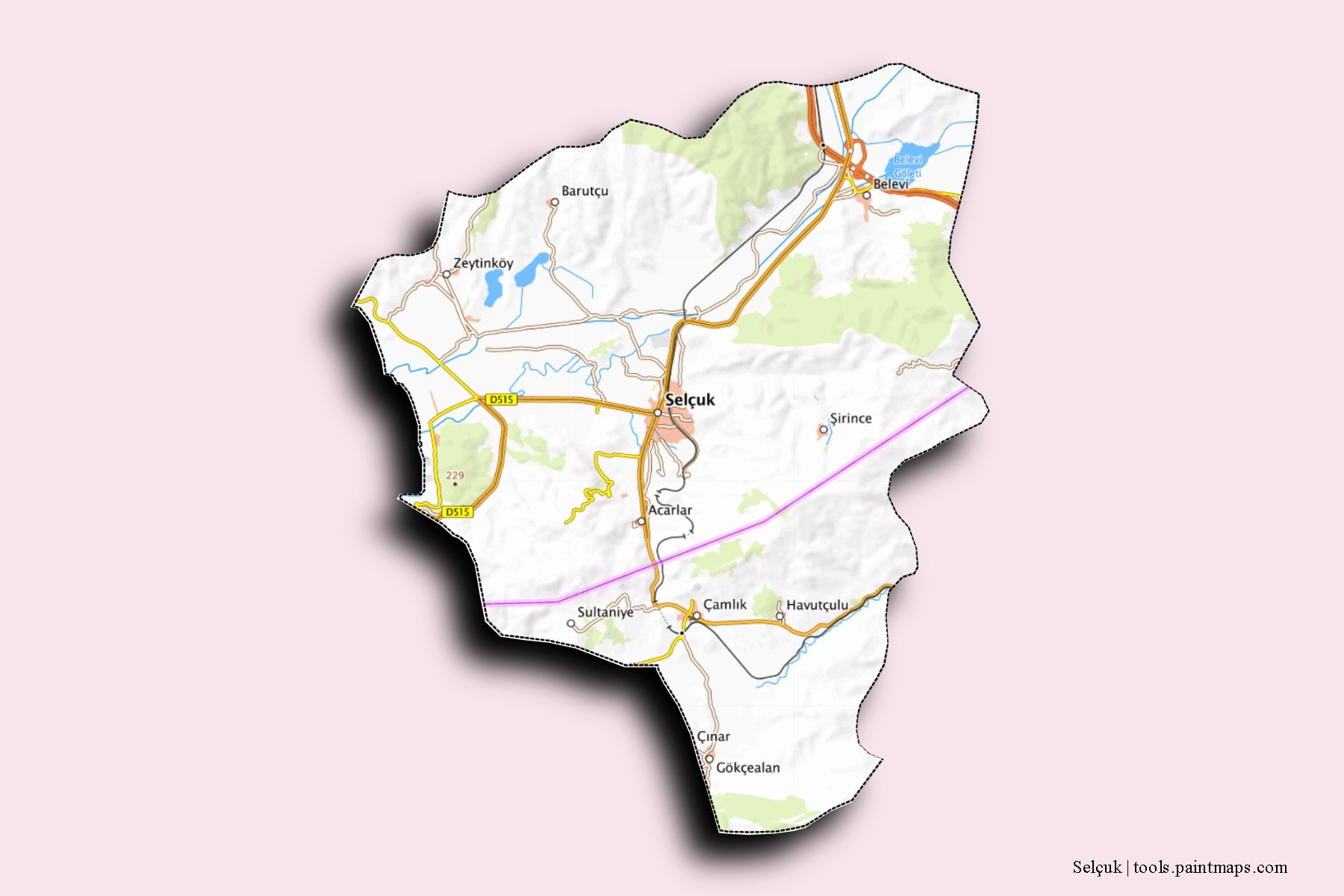 Mapa de barrios y pueblos de Selçuk con efecto de sombra 3D