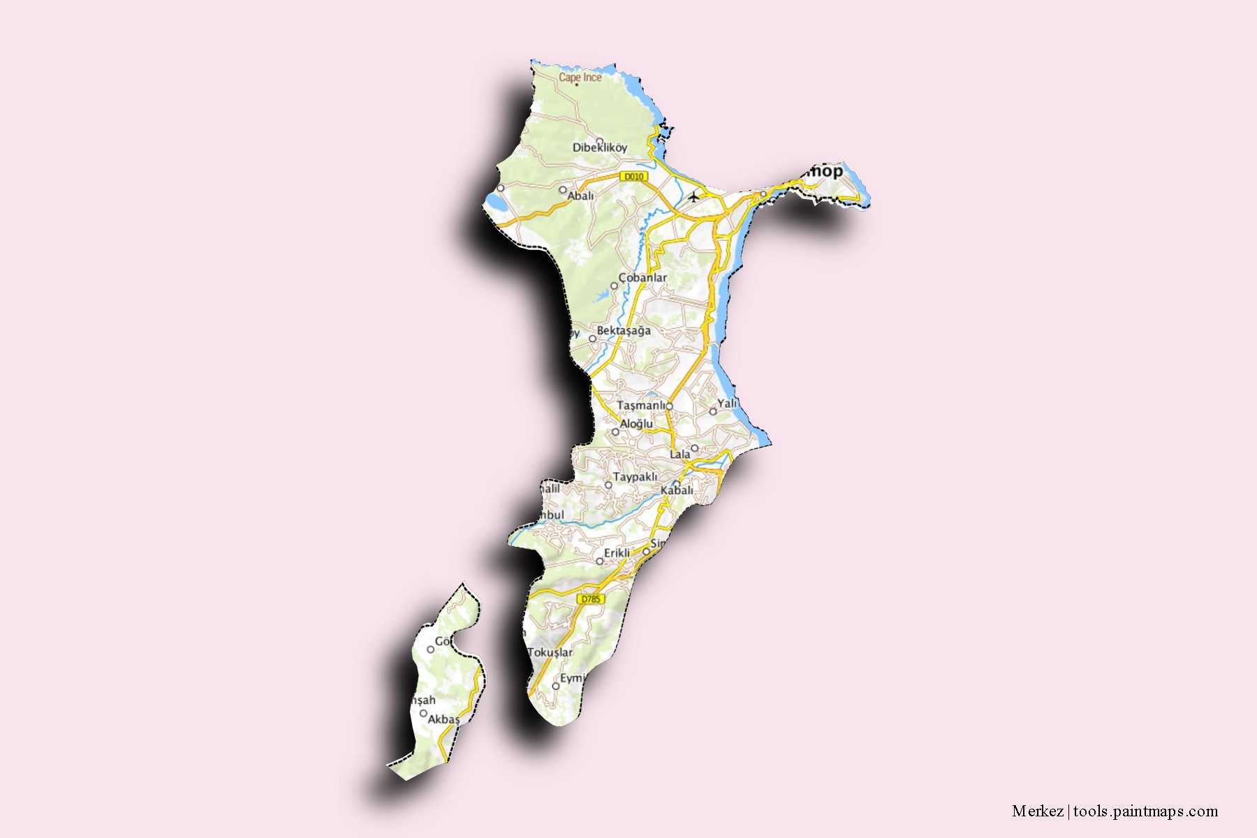 Mapa de barrios y pueblos de Merkez con efecto de sombra 3D