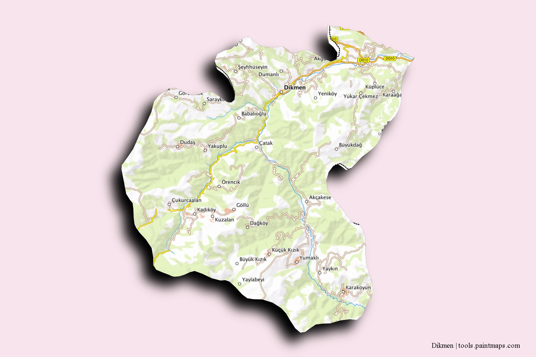 Mapa de barrios y pueblos de Dikmen con efecto de sombra 3D