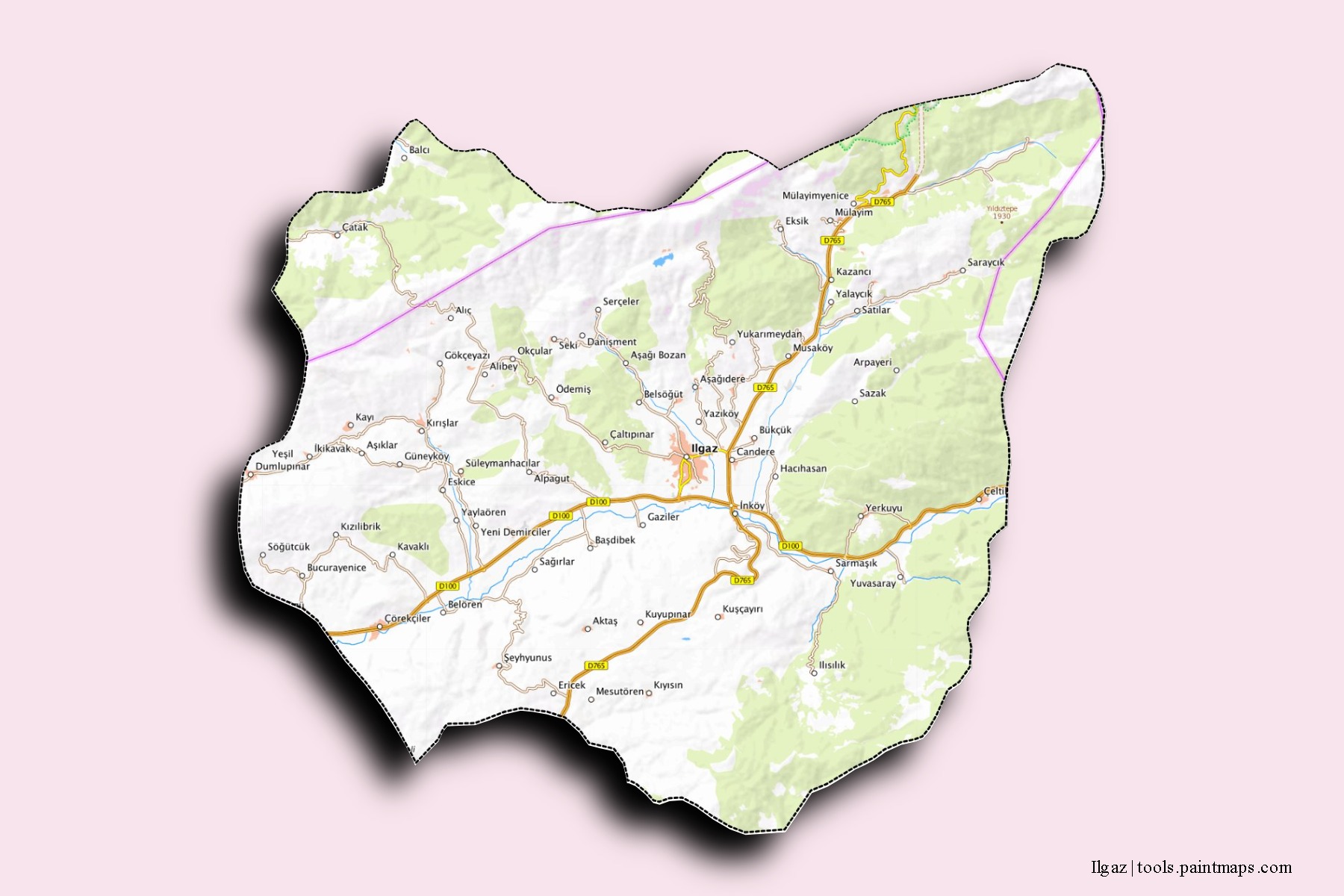 Mapa de barrios y pueblos de Ilgaz con efecto de sombra 3D