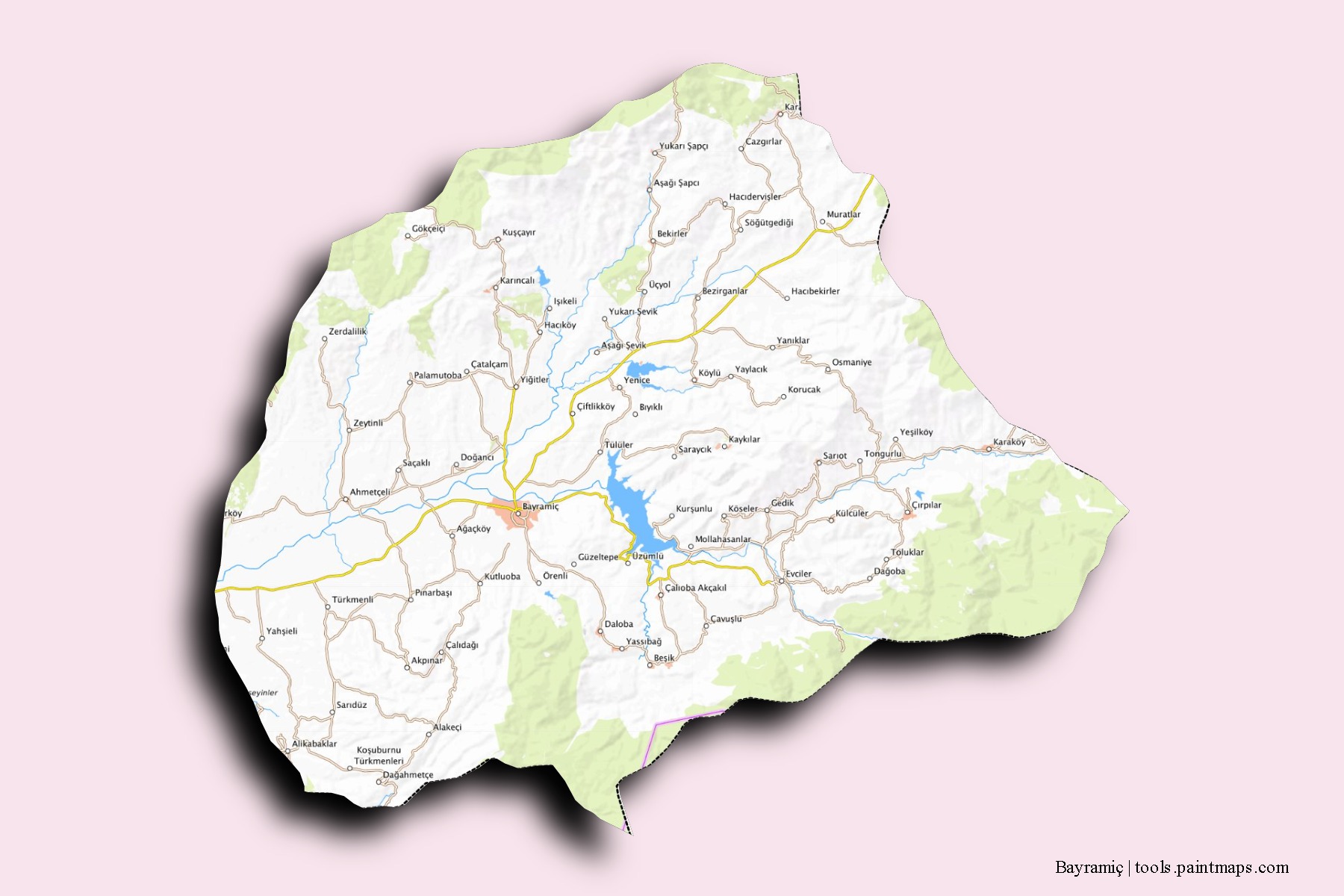 Mapa de barrios y pueblos de Bayramiç con efecto de sombra 3D