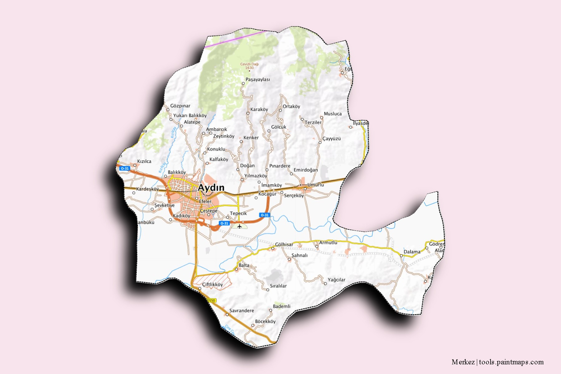 Mapa de barrios y pueblos de Merkez con efecto de sombra 3D