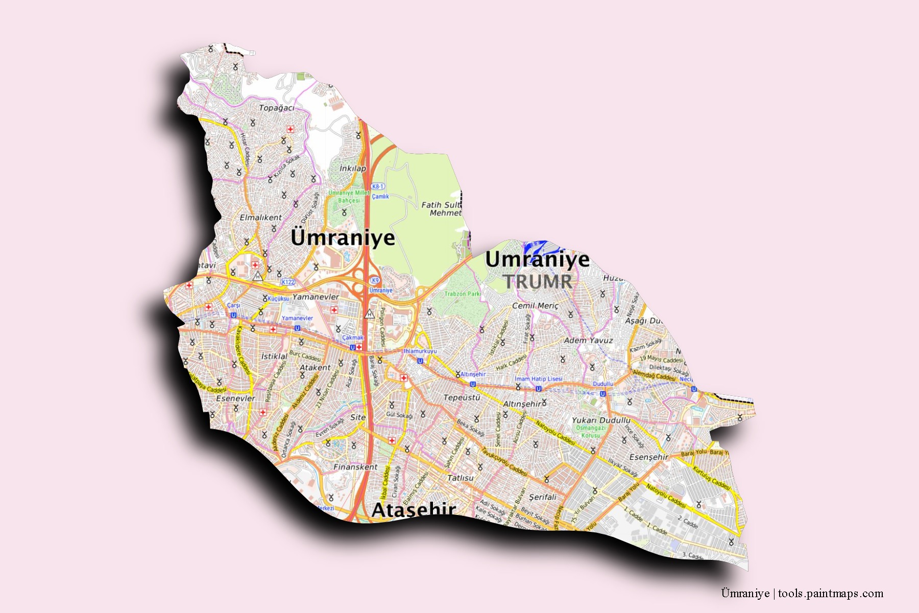 Ümraniye neighborhoods and villages map with 3D shadow effect