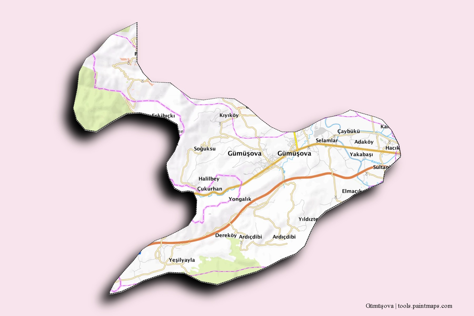 Mapa de barrios y pueblos de Gümüşova con efecto de sombra 3D