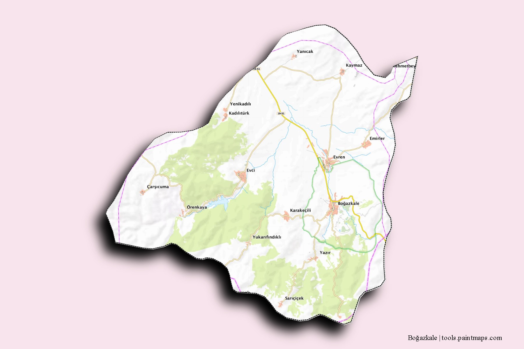 Bogazkale neighborhoods and villages map with 3D shadow effect