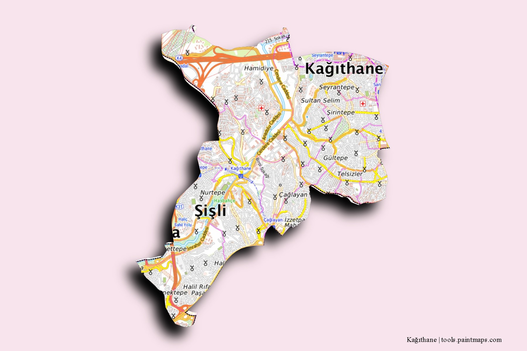 3D gölge efektli Kâğıthane mahalleleri ve köyleri haritası