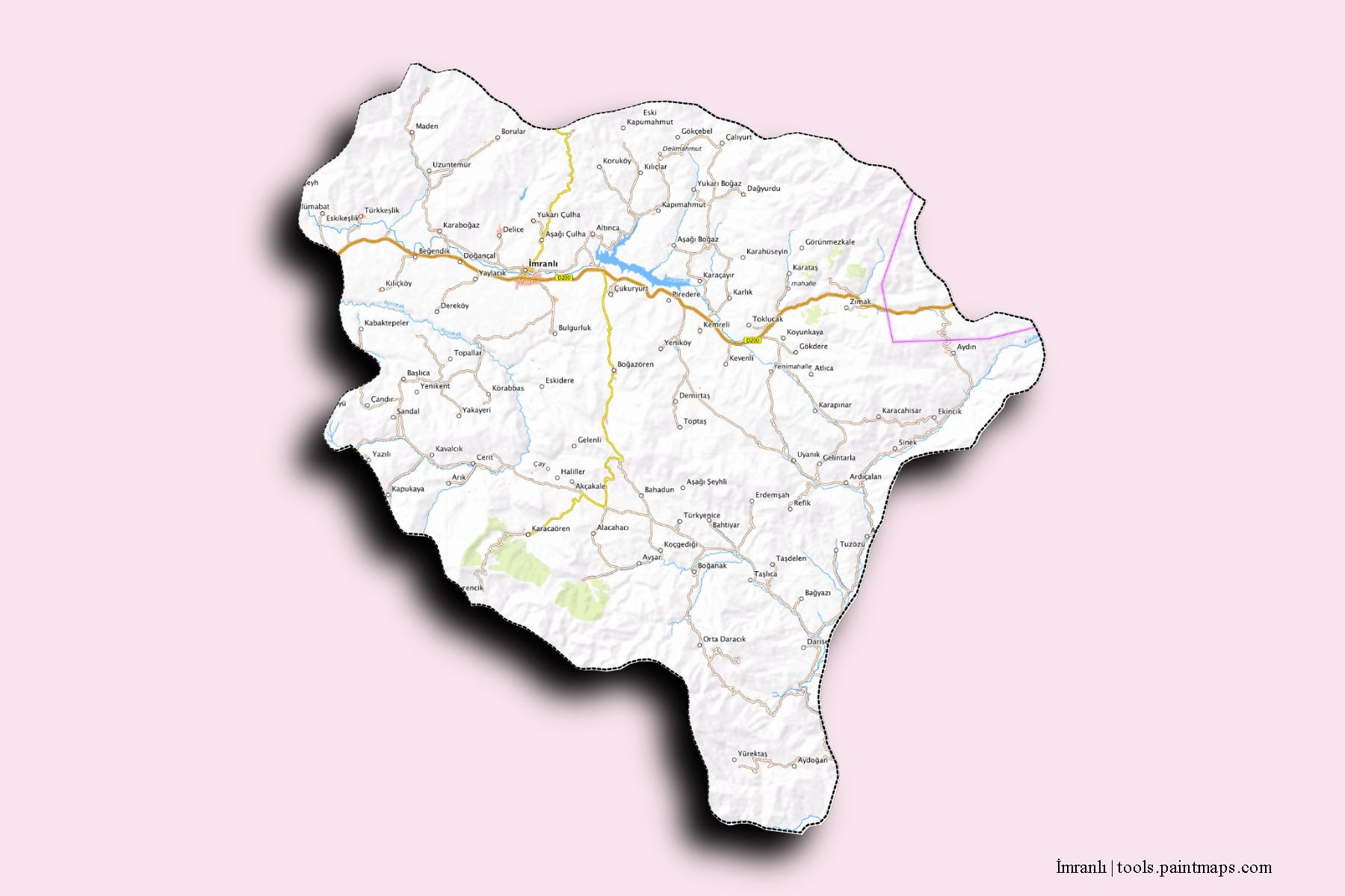 Mapa de barrios y pueblos de İmranlı con efecto de sombra 3D