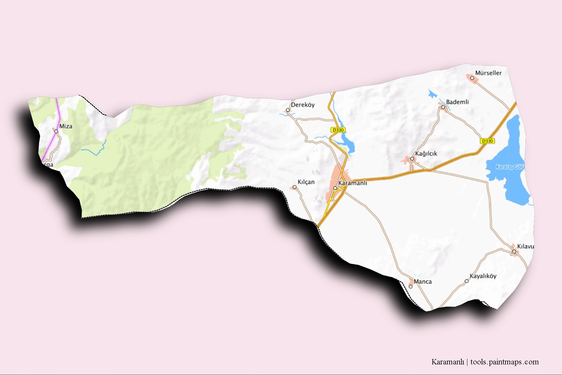 Mapa de barrios y pueblos de Karamanlı con efecto de sombra 3D