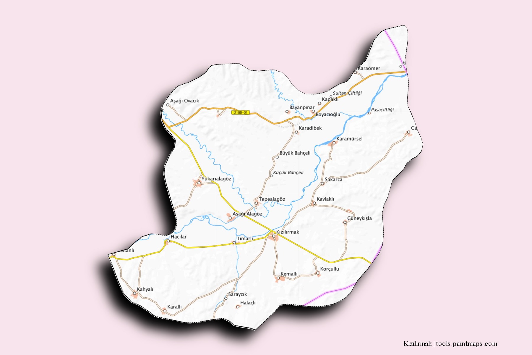 Mapa de barrios y pueblos de Kızılırmak con efecto de sombra 3D