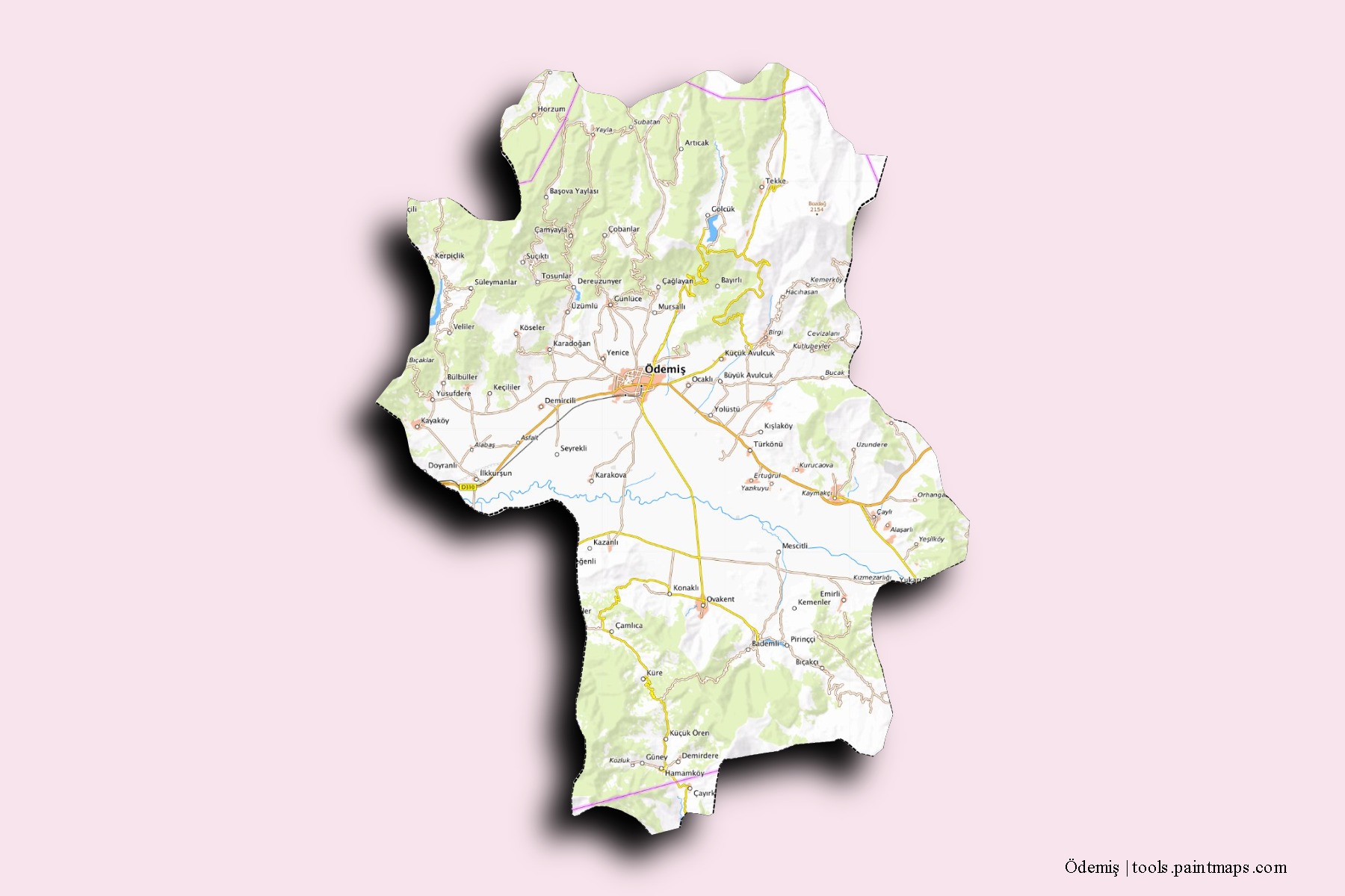 Ödemis neighborhoods and villages map with 3D shadow effect