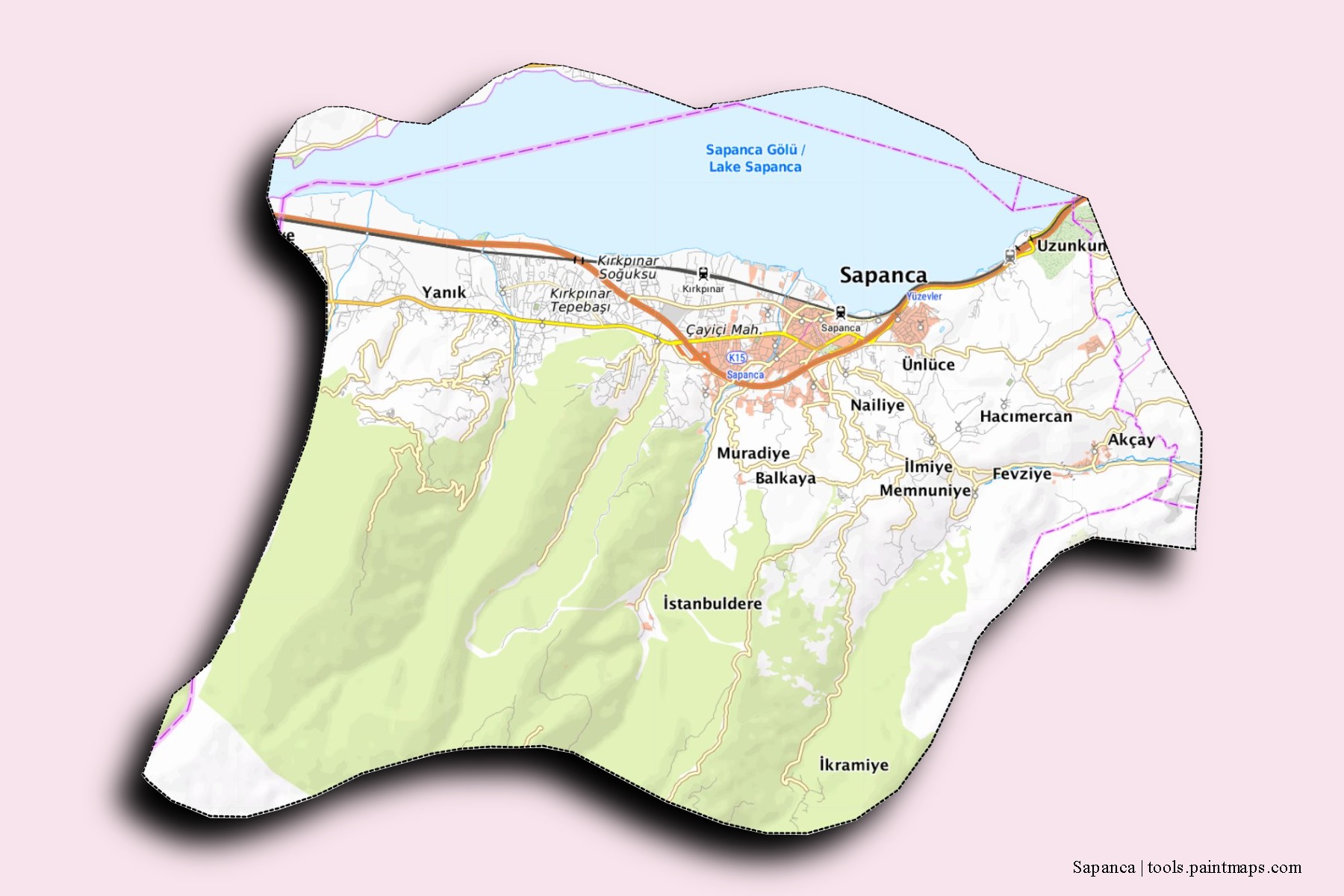 Sapanca neighborhoods and villages map with 3D shadow effect