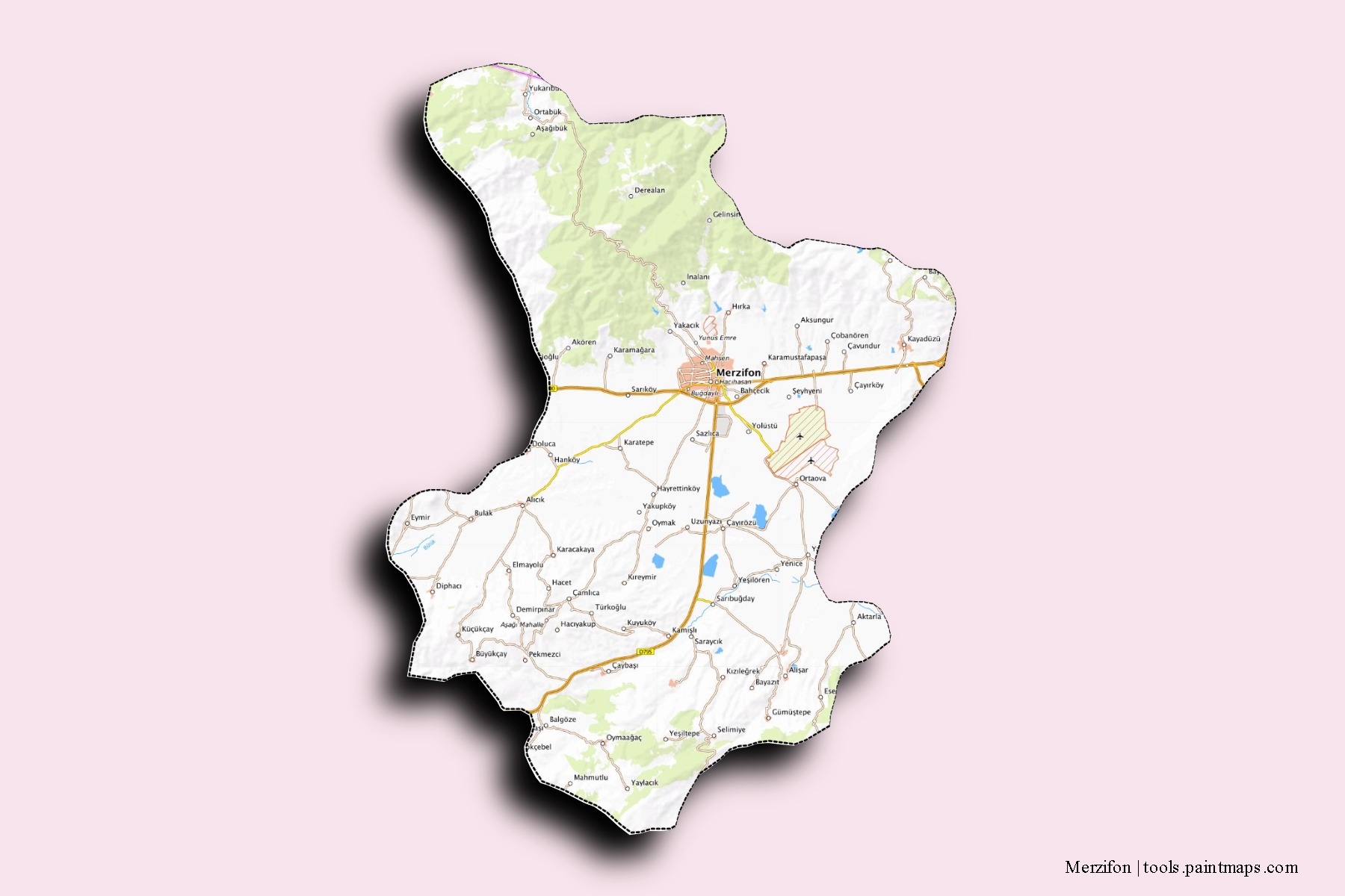 Mapa de barrios y pueblos de Merzifon con efecto de sombra 3D