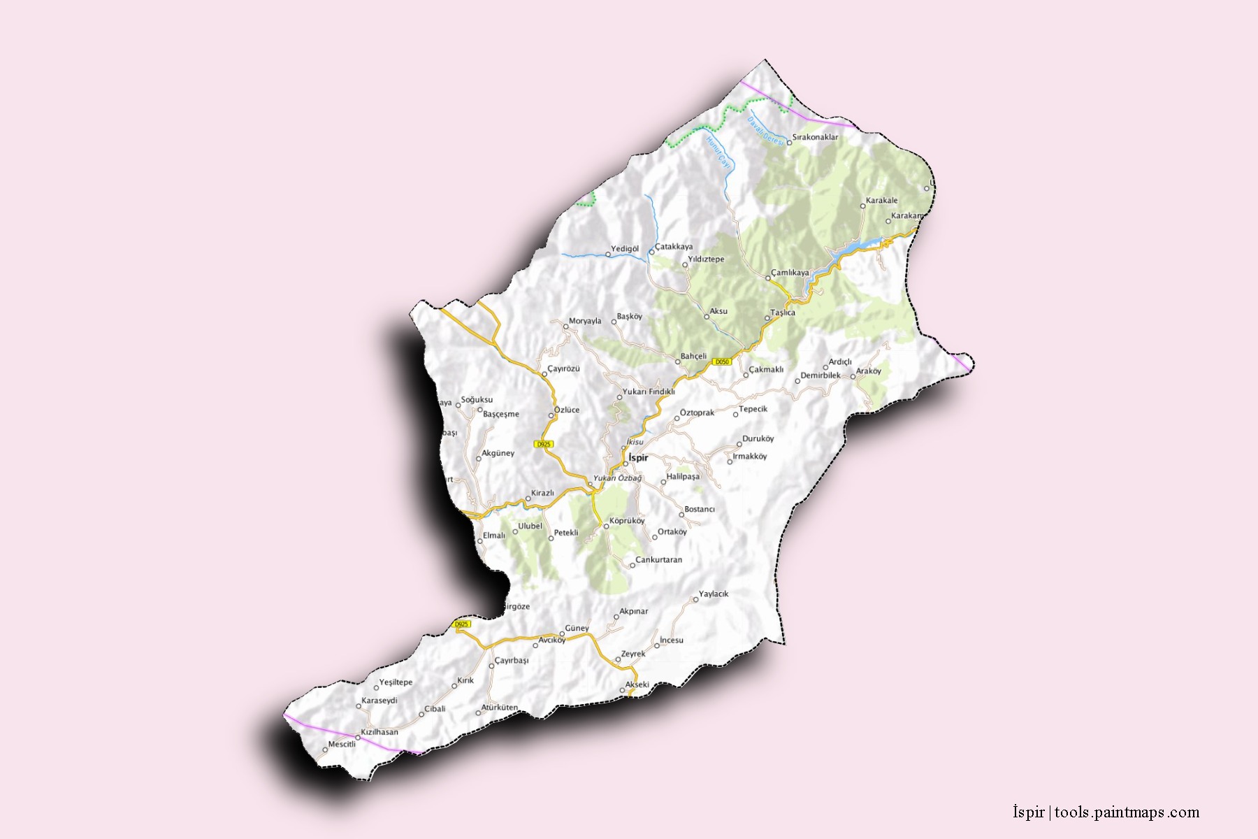 Mapa de barrios y pueblos de İspir con efecto de sombra 3D