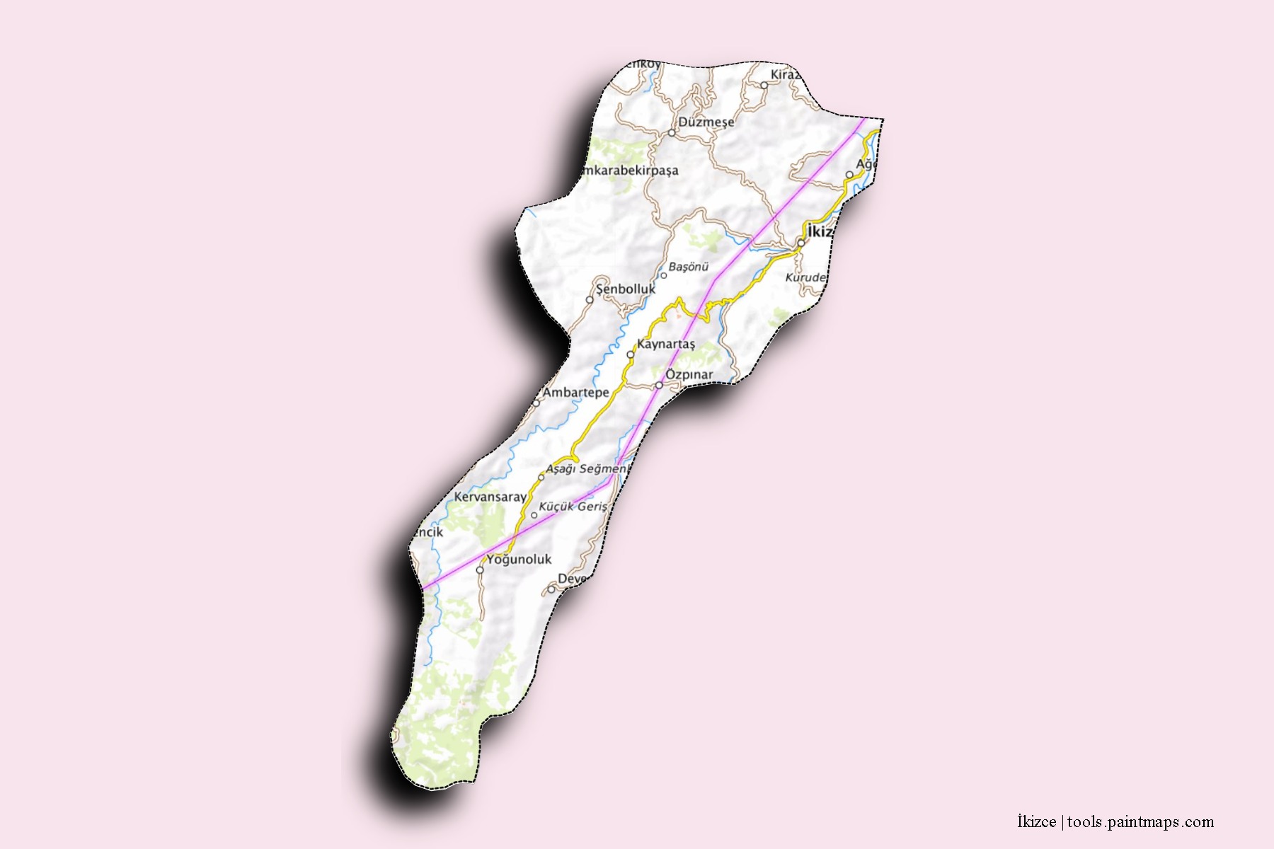 Mapa de barrios y pueblos de İkizce con efecto de sombra 3D