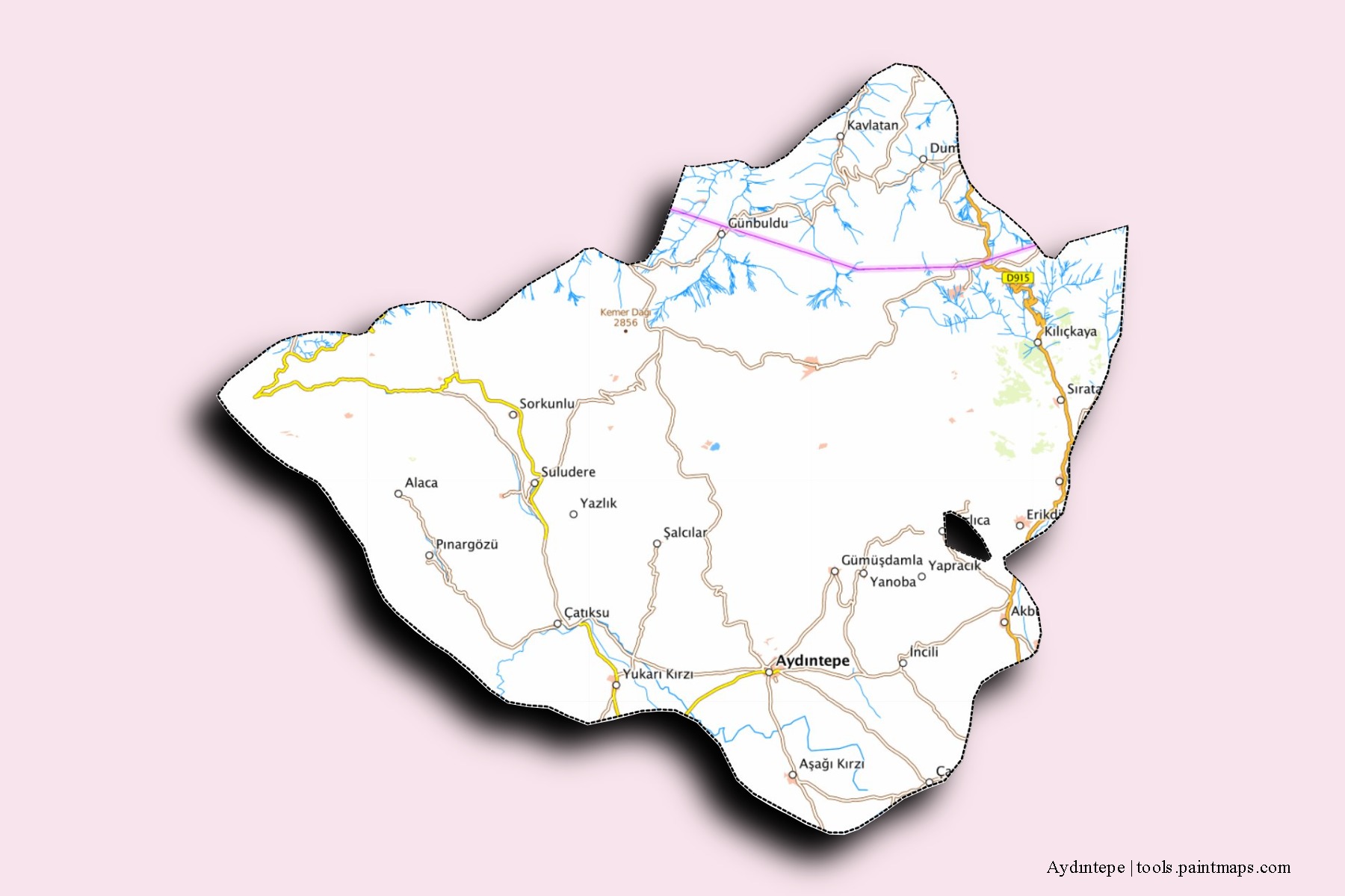 Mapa de barrios y pueblos de Aydıntepe con efecto de sombra 3D