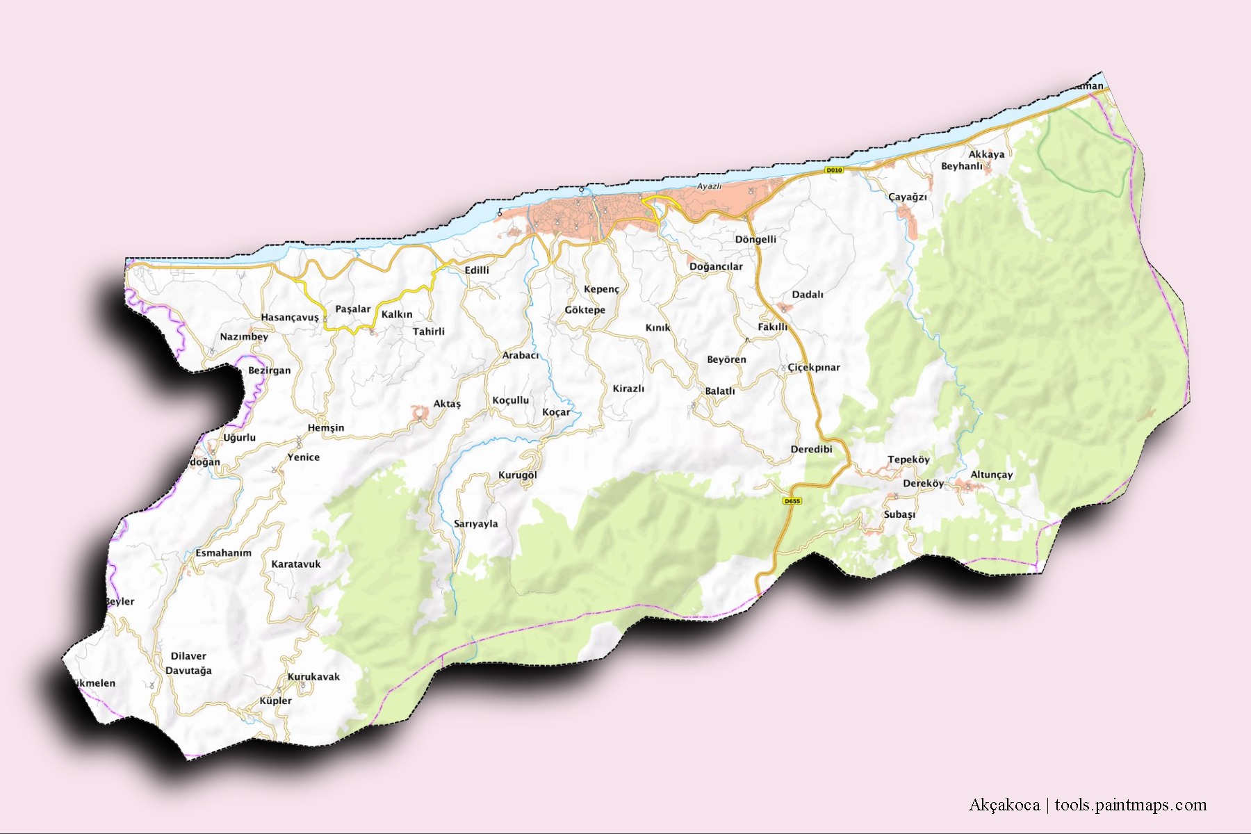 Mapa de barrios y pueblos de Akçakoca con efecto de sombra 3D