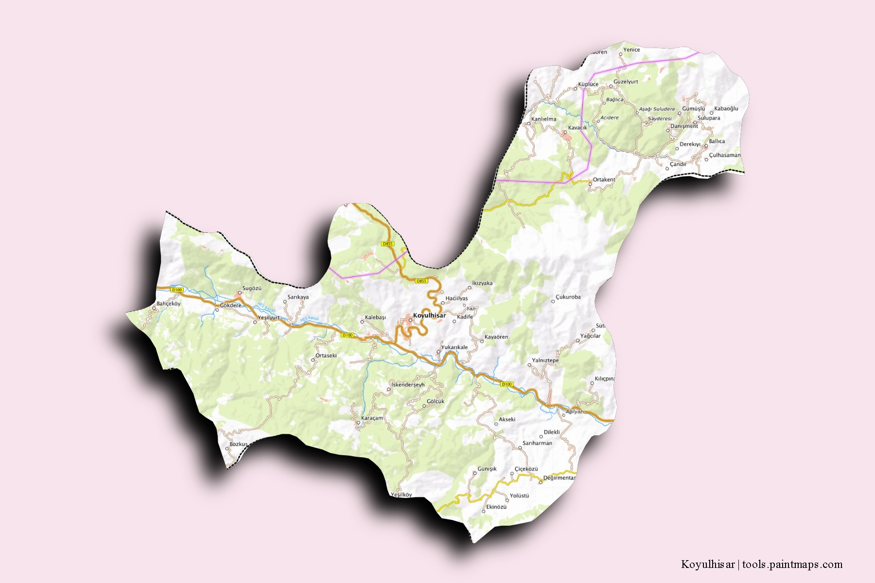 Mapa de barrios y pueblos de Koyulhisar con efecto de sombra 3D