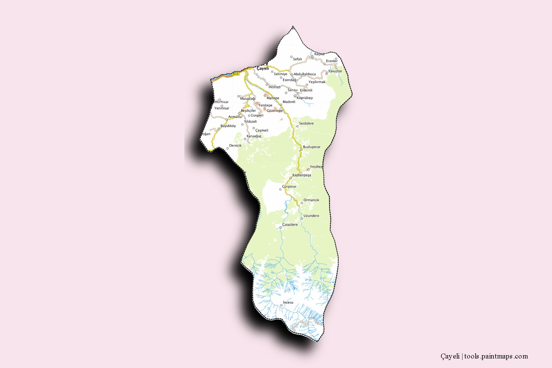 Mapa de barrios y pueblos de Çayeli con efecto de sombra 3D