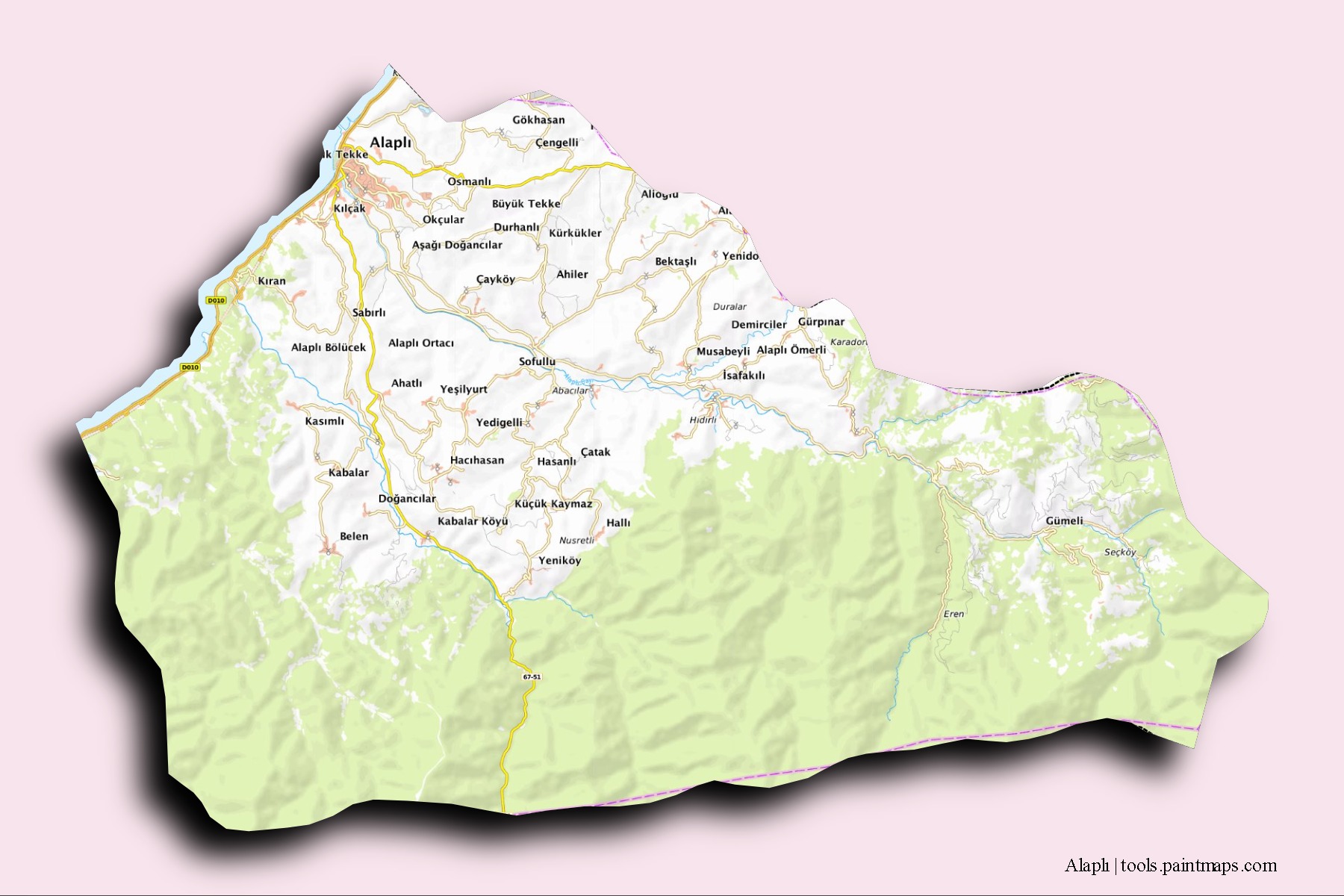 3D gölge efektli Alaplı mahalleleri ve köyleri haritası