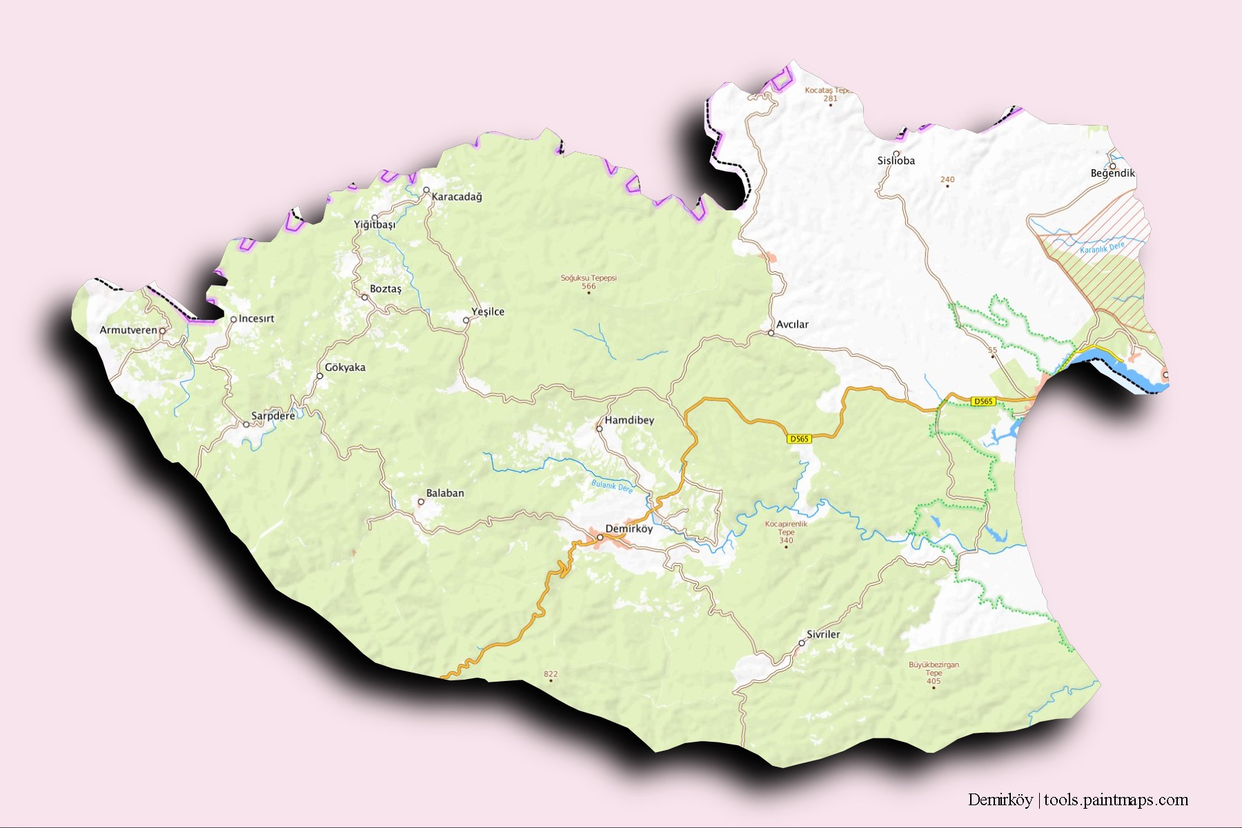 Mapa de barrios y pueblos de Demirköy con efecto de sombra 3D