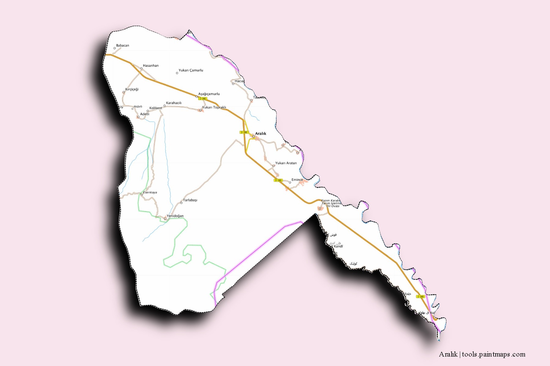 Aralik neighborhoods and villages map with 3D shadow effect