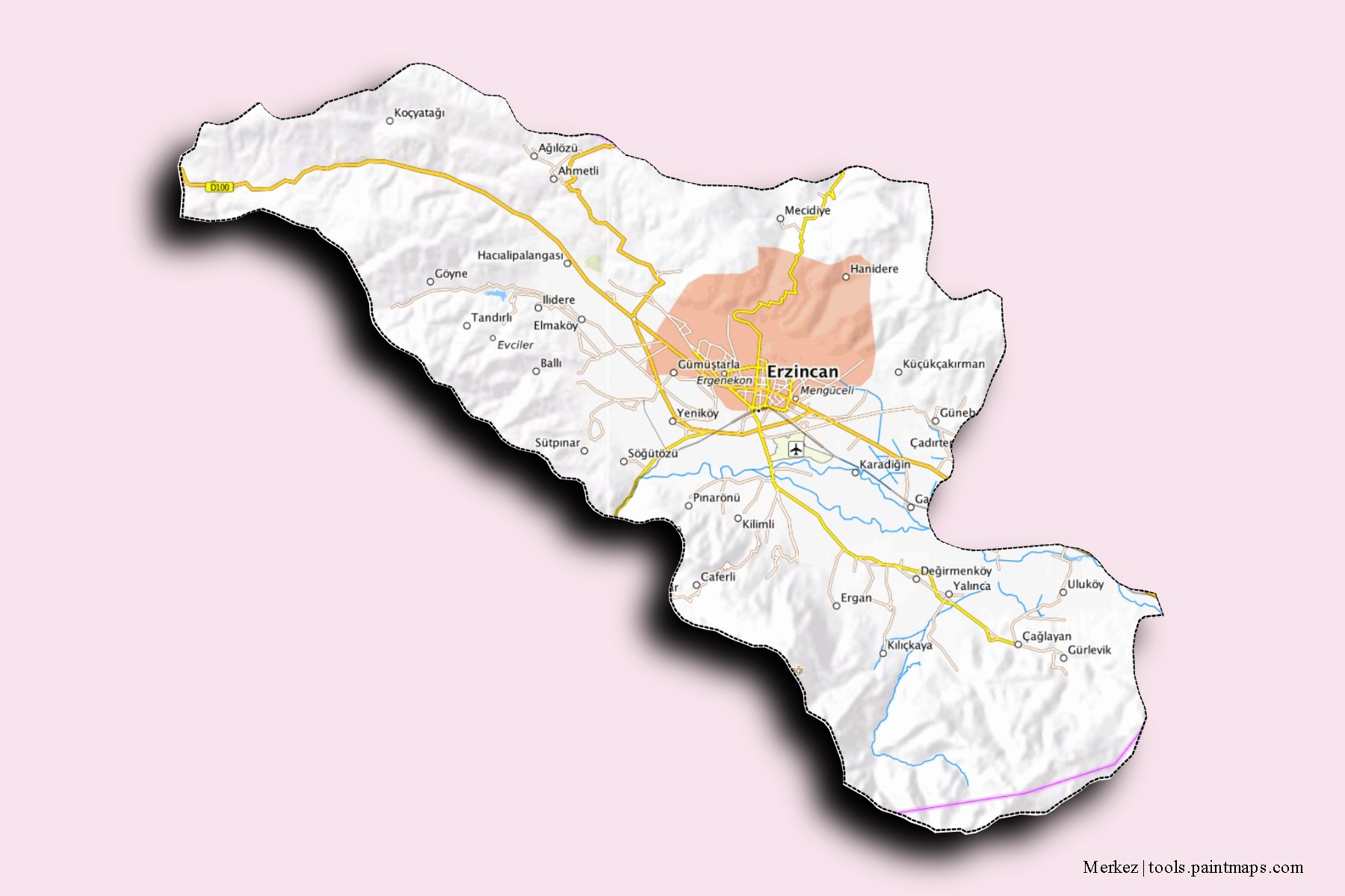 Mapa de barrios y pueblos de Merkez con efecto de sombra 3D